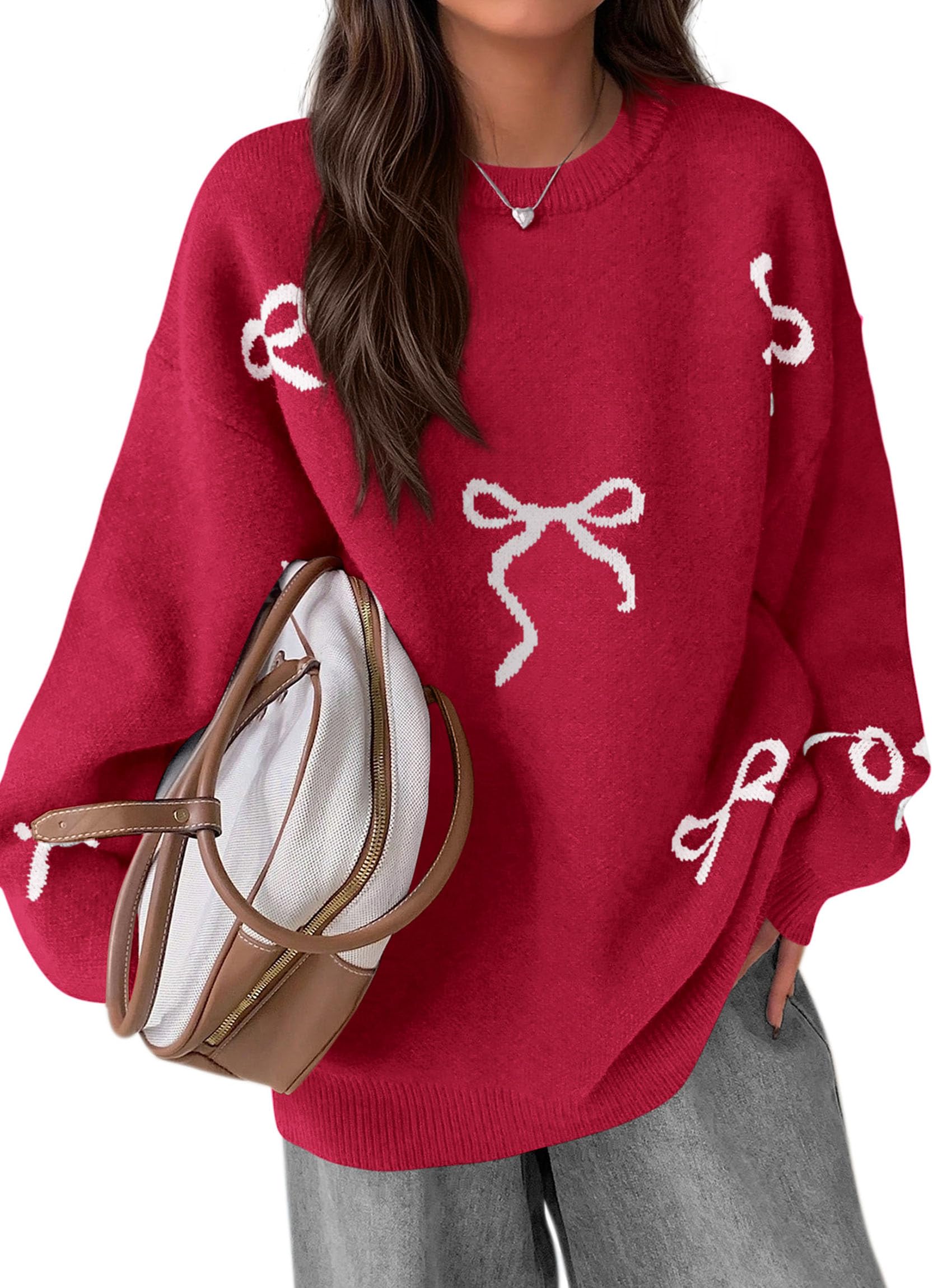 Fall Long Sleeve Pullover Sweaters for Women 2026 Trendy Crewneck Casual Cute Bow Chunky Knit Oversized Sweater (Red,Small)