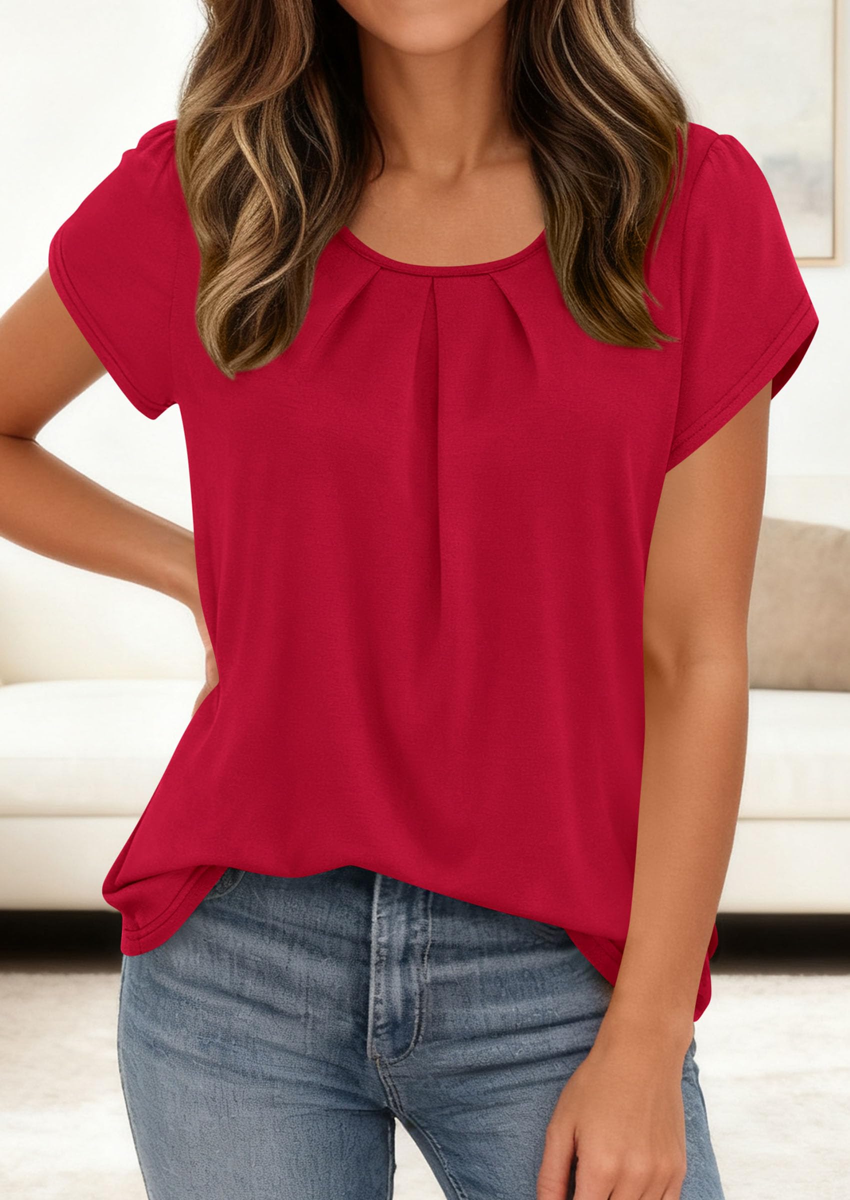 Women's Summer Short Sleeve Tops Casual Blouses,Red,S