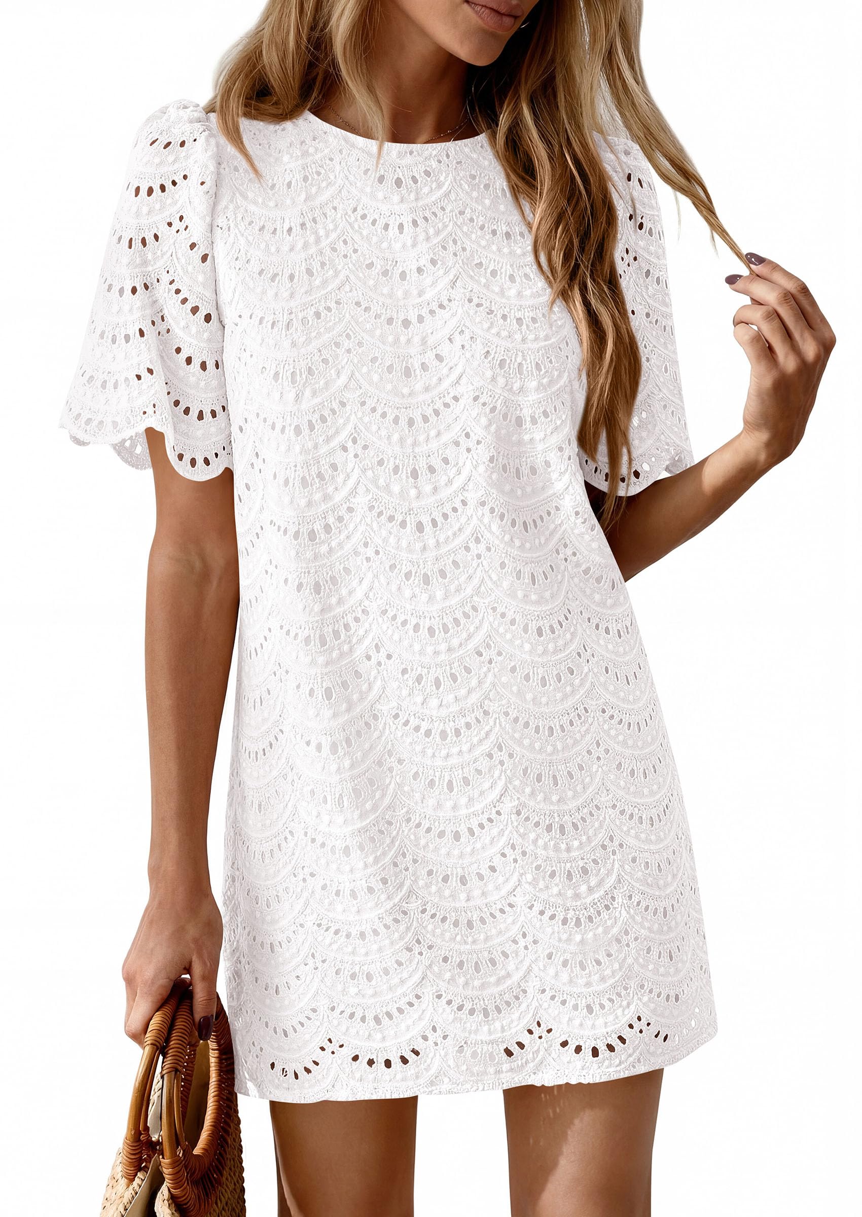 Women's Summer Eyelet Lace Short Dress (White,S)