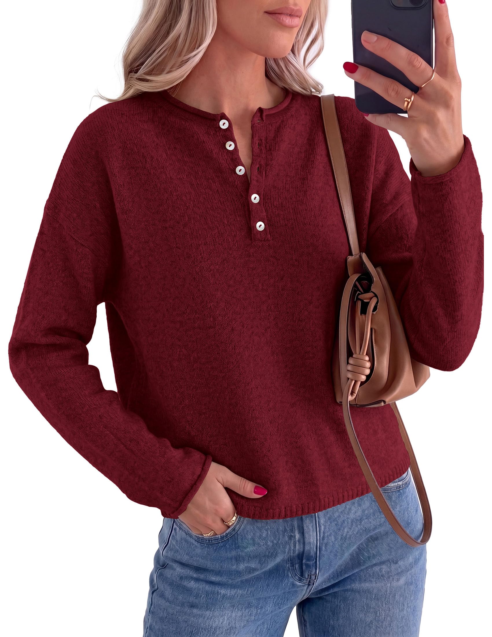 Women's Henley Cozy Sweaters Button Up Pullover Burgundy S