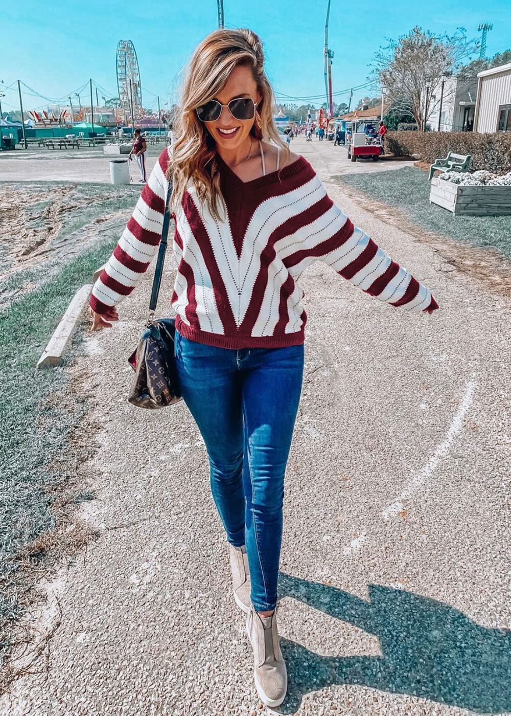 Women's V Neck Striped Knit Pullover Sweater
