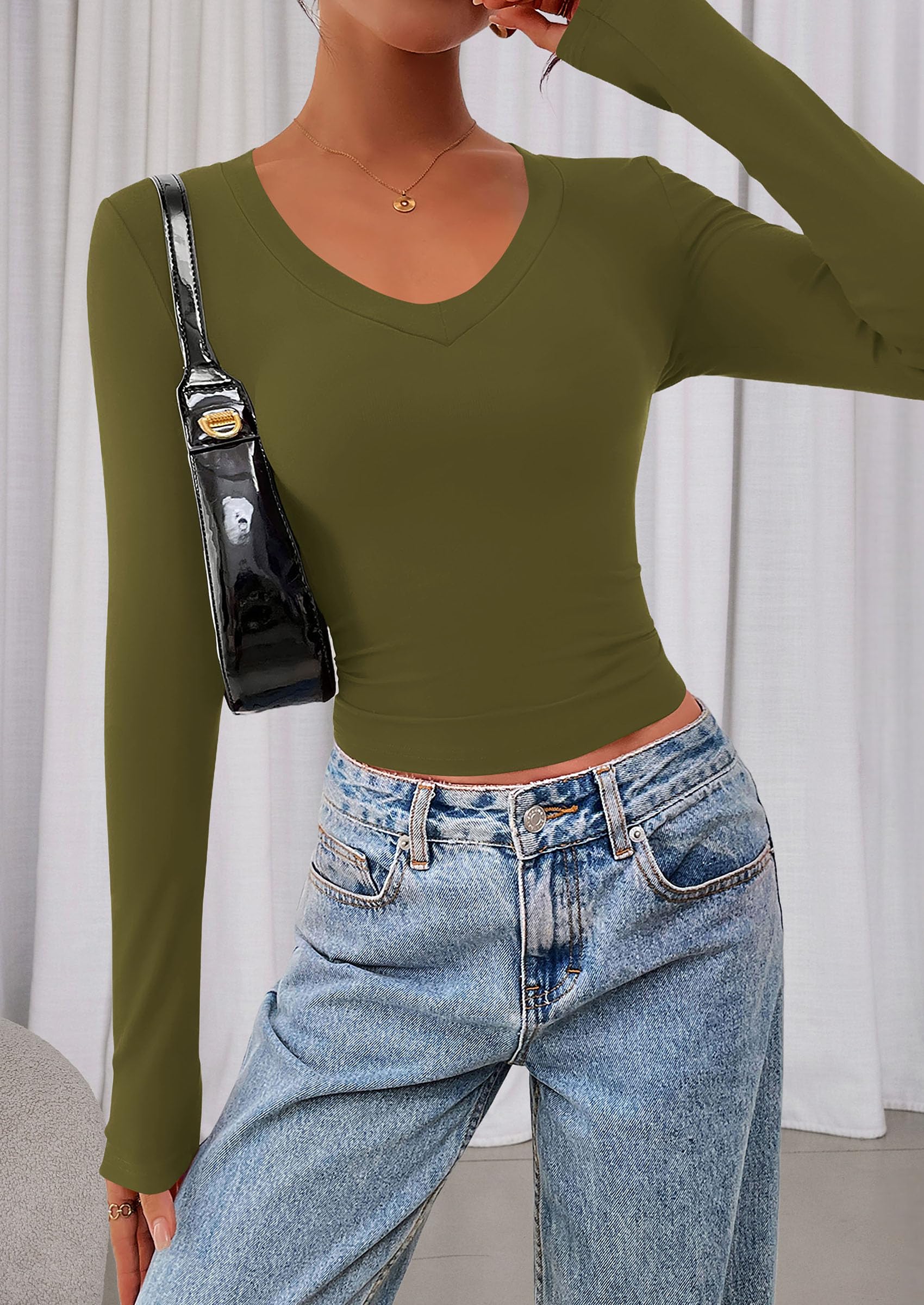Womens Long Sleeve Slim Fit Crop Tops,Army Green,XS