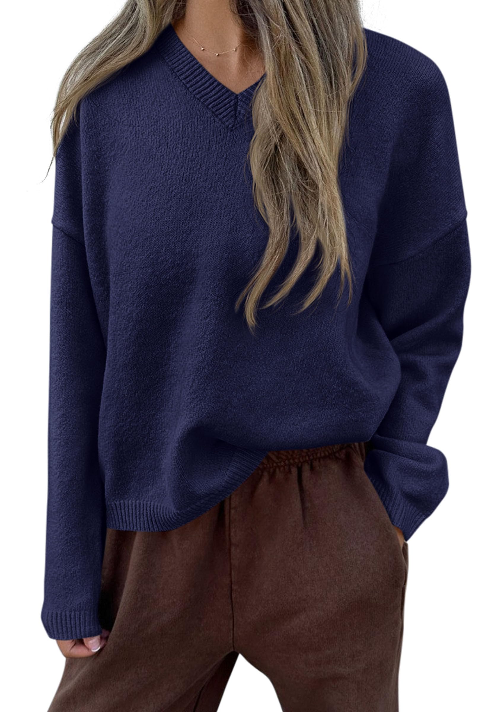 Women's Cozy Sweaters Fall Fashion V Neck Tops Navy Blue,S