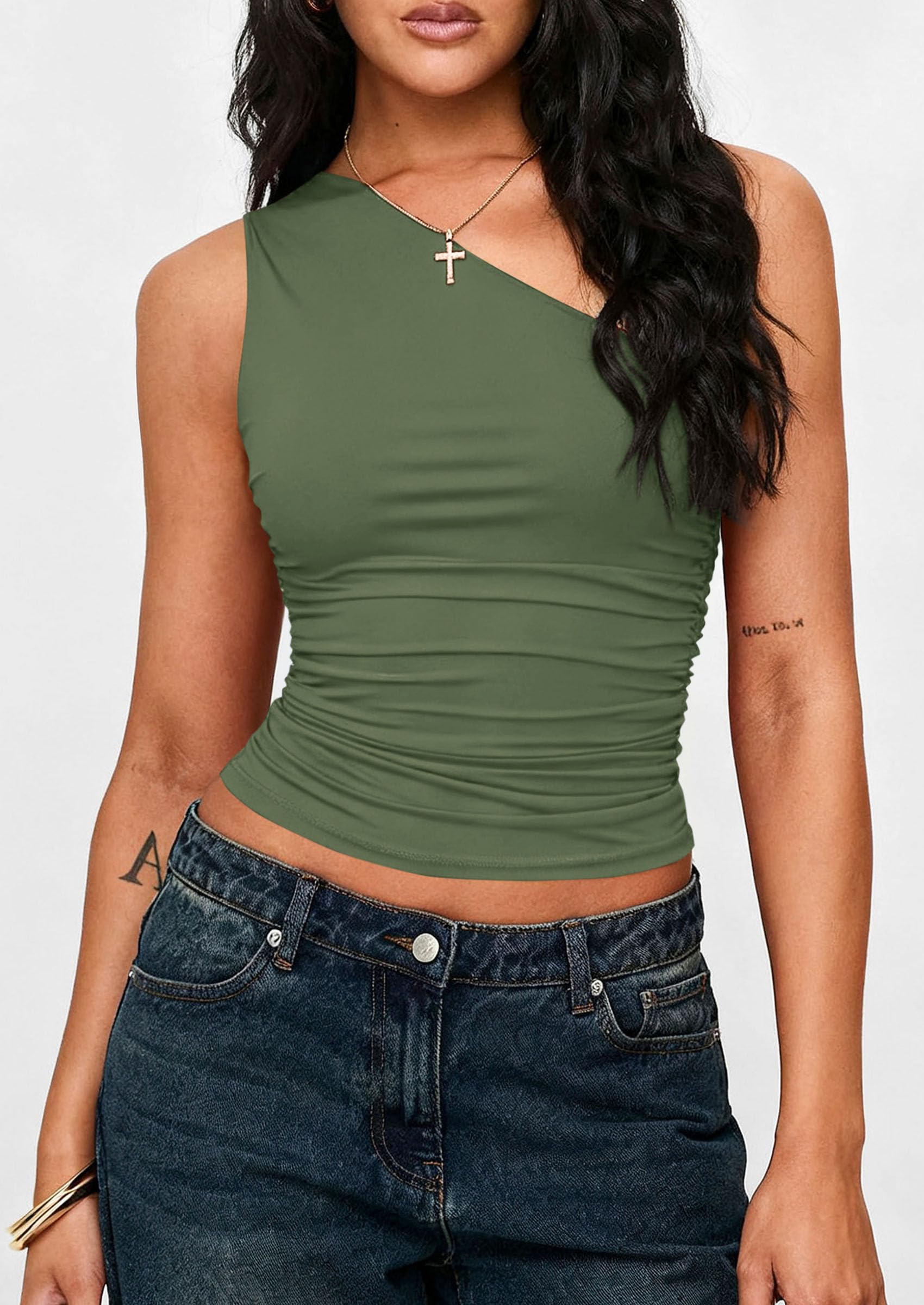 Womens Sleeveless One Shoulder Fitted Y2k Tops,Grey Green,XS