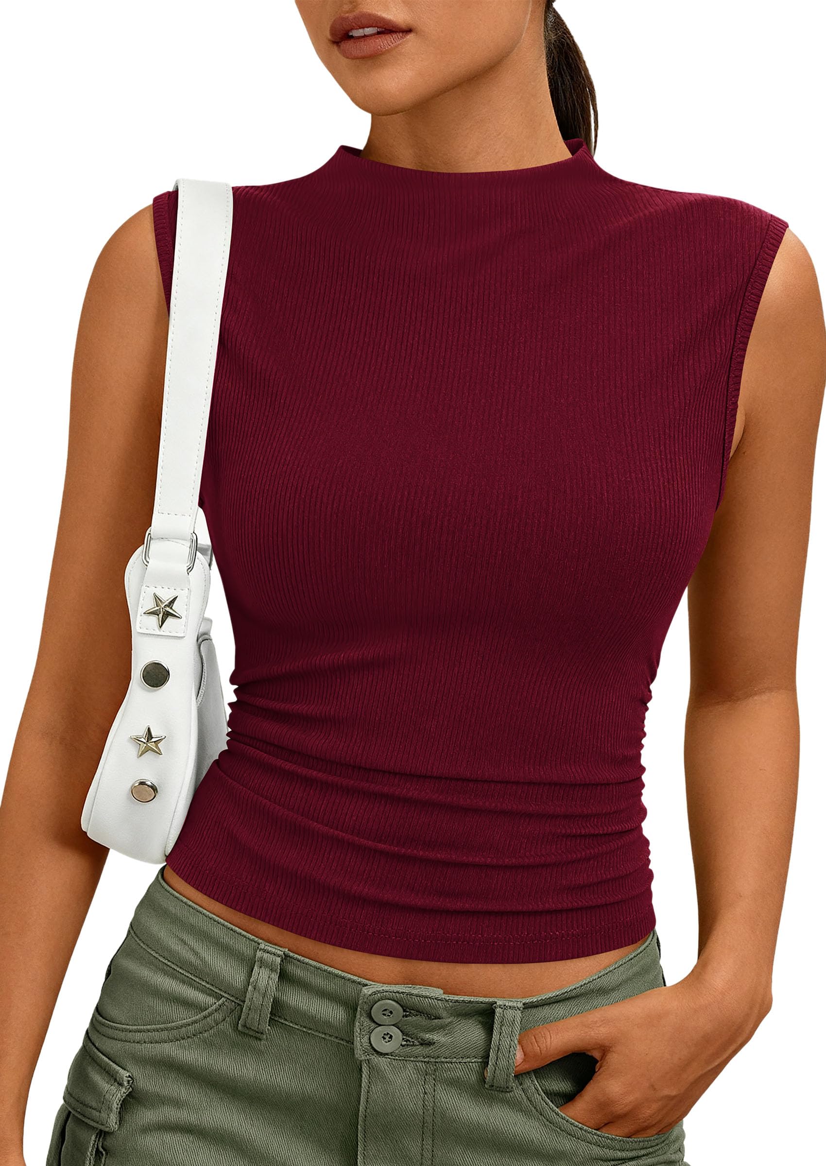 Women's Sleeveless Mock Neck Ribbed Tank Top,Burgundy,S
