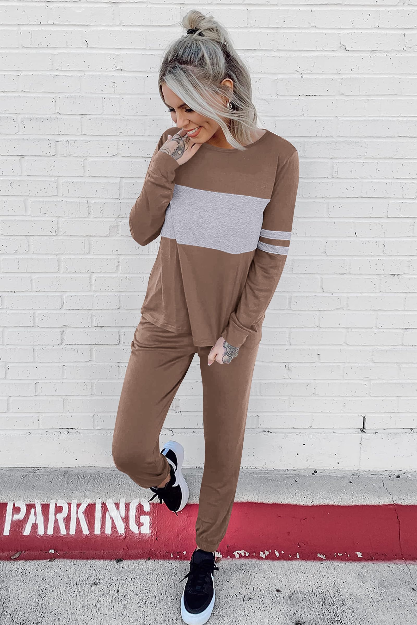 Women Color Block 2 Piece Sets Tracksuit,Dark Khaki,S