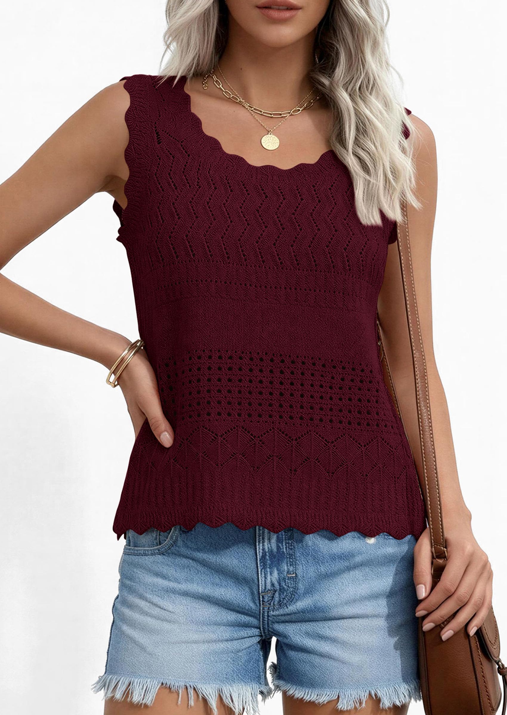 Womens Crochet Tank Tops Knit Sleeveless Vest,Wine Red,S
