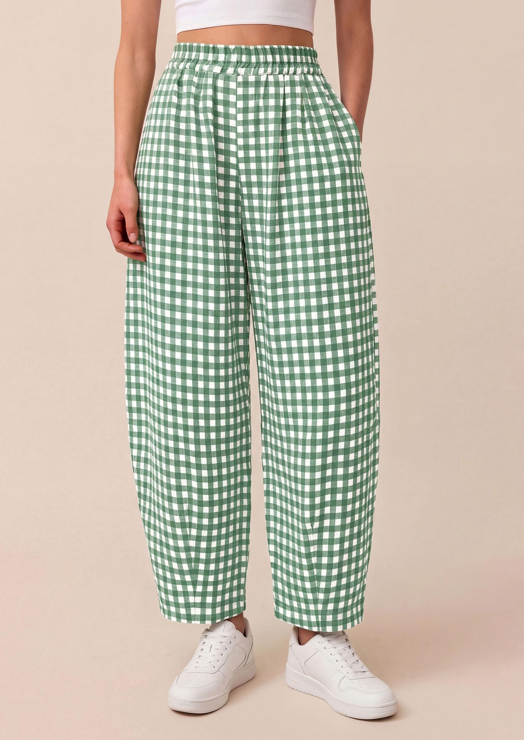 Plaid Barrel Pants Women Summer Bottoms, Green Plaid,S