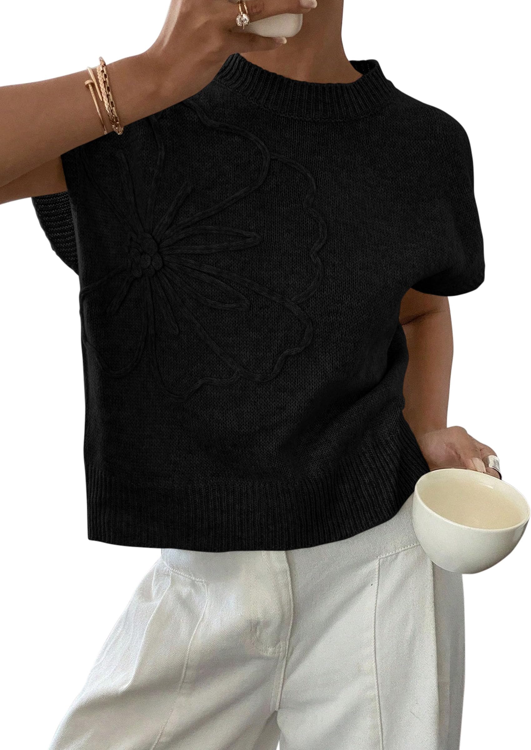 Women's Summer Short Cap Sleeve Sweater Vest (Black,S)