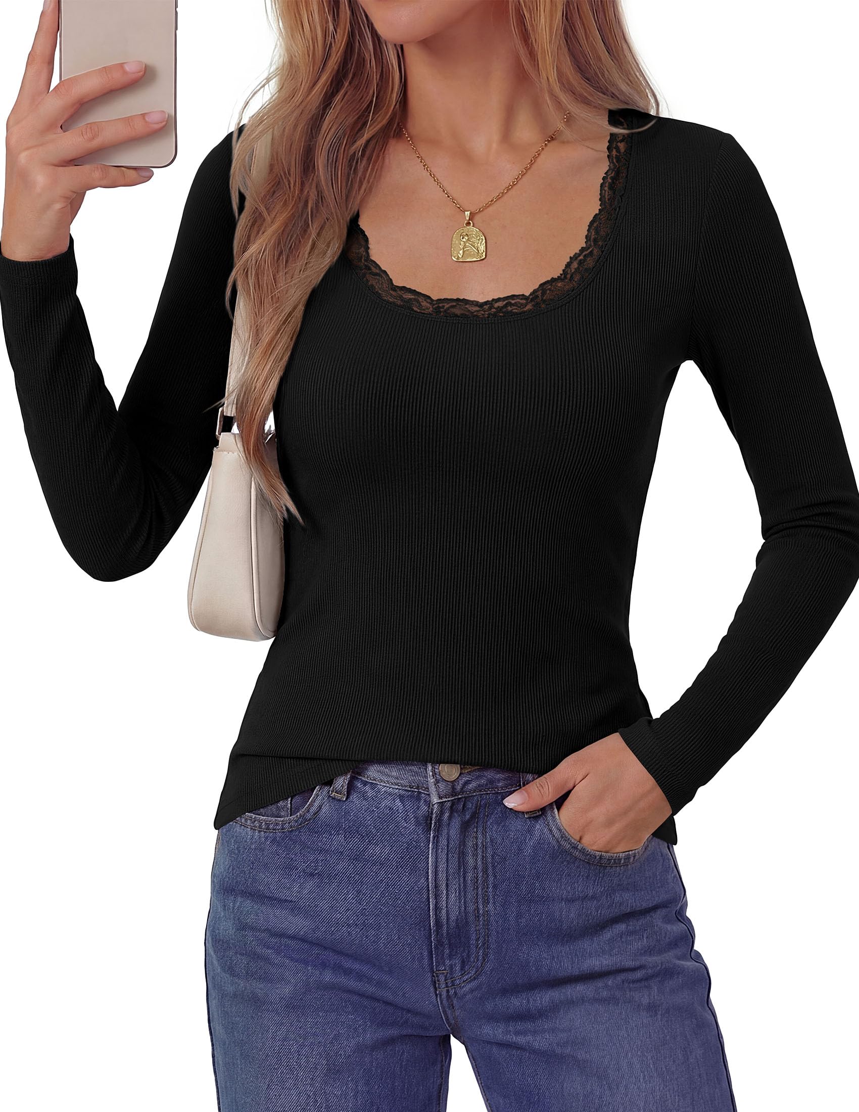 Long Sleeve T Shirts for Women Fall Casual Square Neck Tops