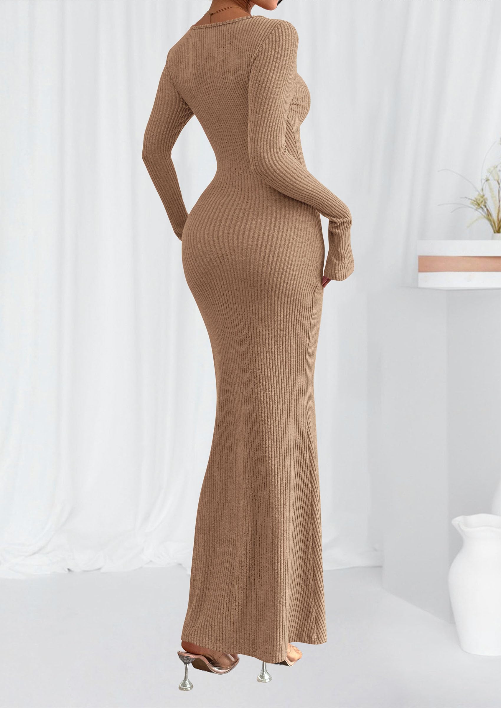 Women's Fall Long Sleeve Bodycon Maxi Dresses (Khaki,XS)