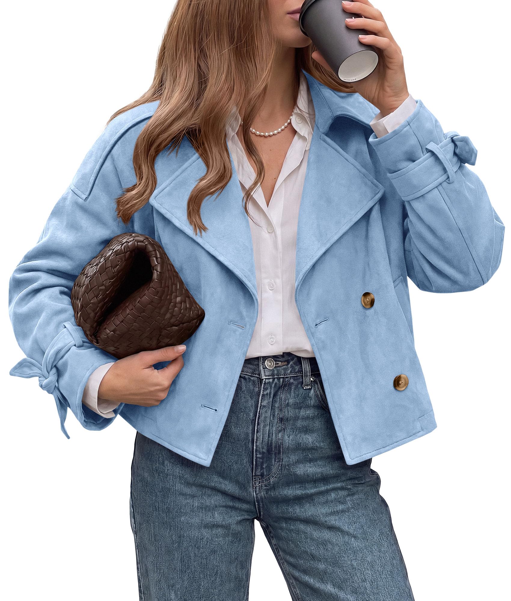 Women Faux Suede Double Breasted Trench Coat Cropped Jackets