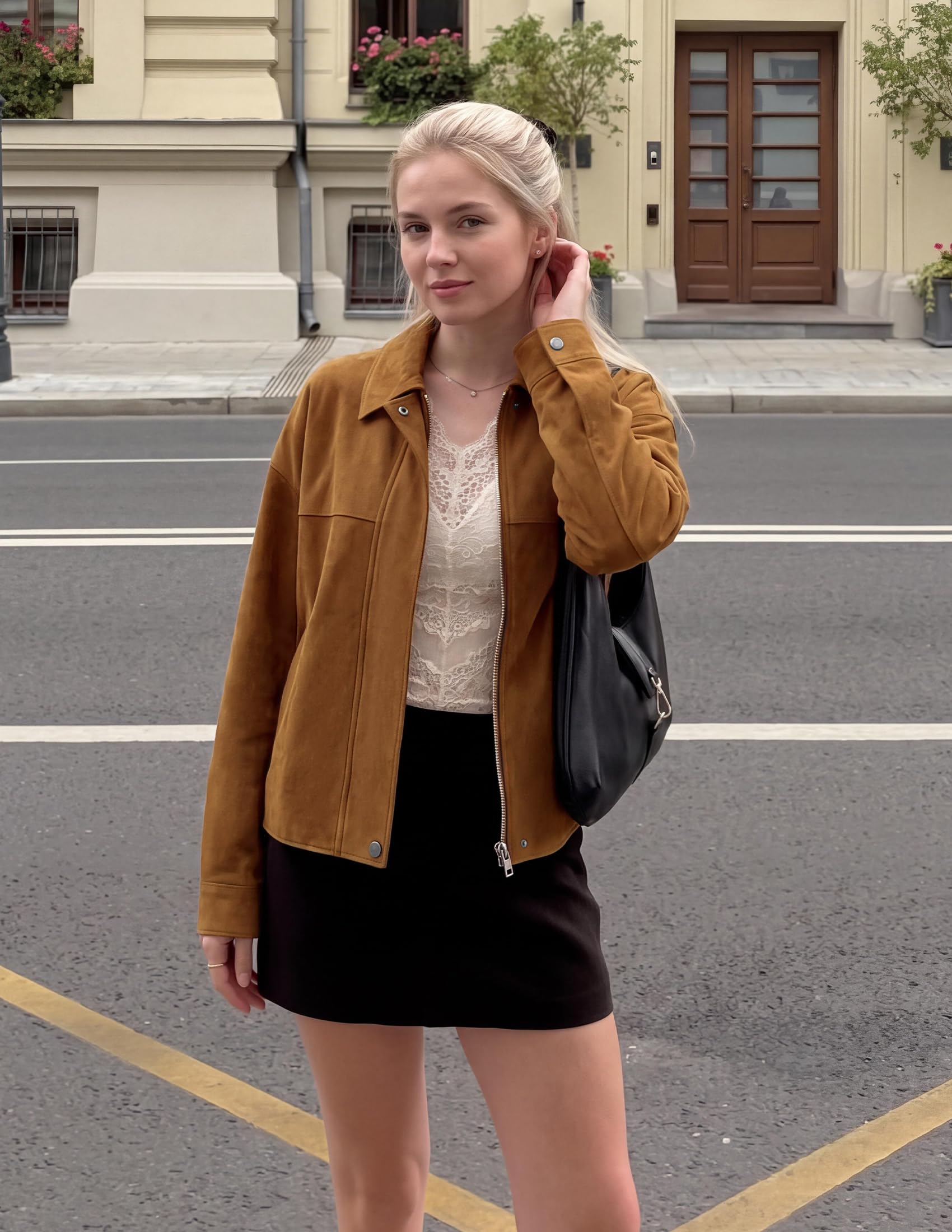 Women's Faux Suede Cropped Fall Jackets,Brown,S