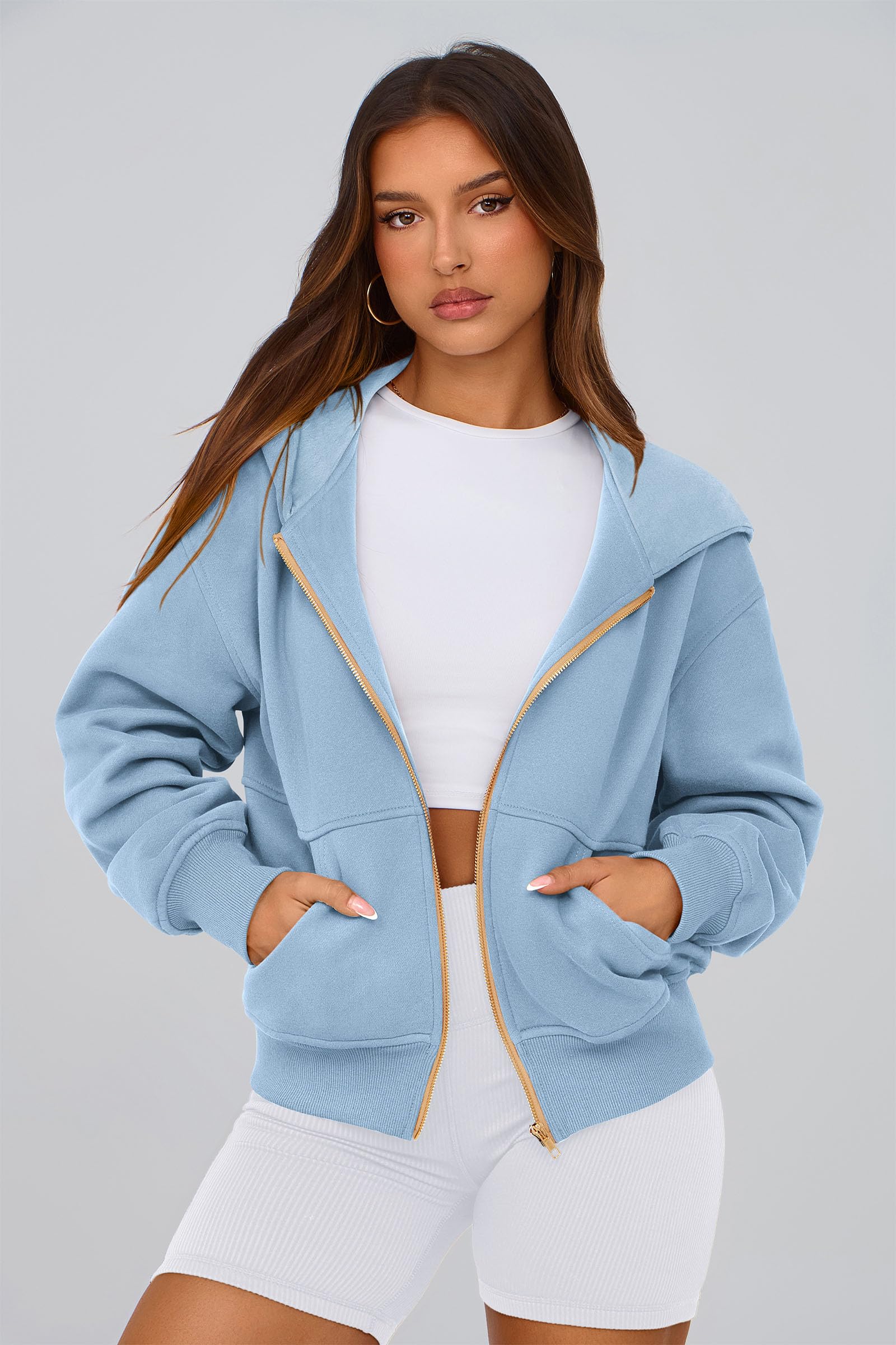 Hoodies for Women Fall Fashion Zip Up Fleece Plain Sweatshirt
