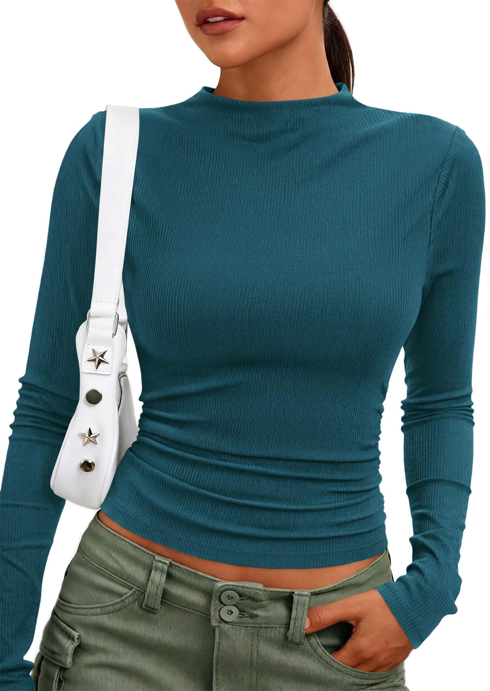 Womens Tops Casual Mock Neck Long Sleeve Shirts,Teal,S