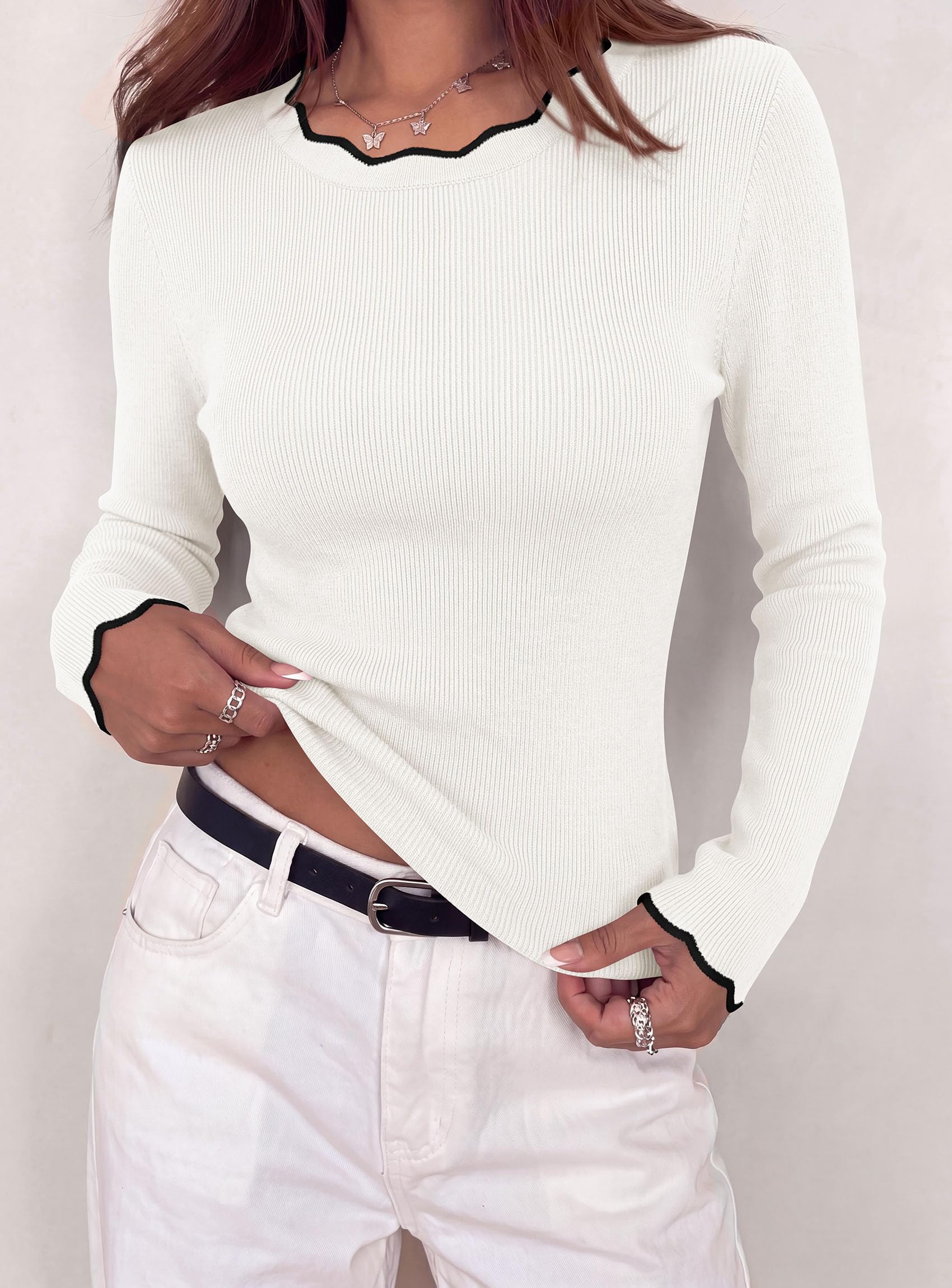 Women's Long Sleeve Ribbed Knit Pullover Sweaters,White,S