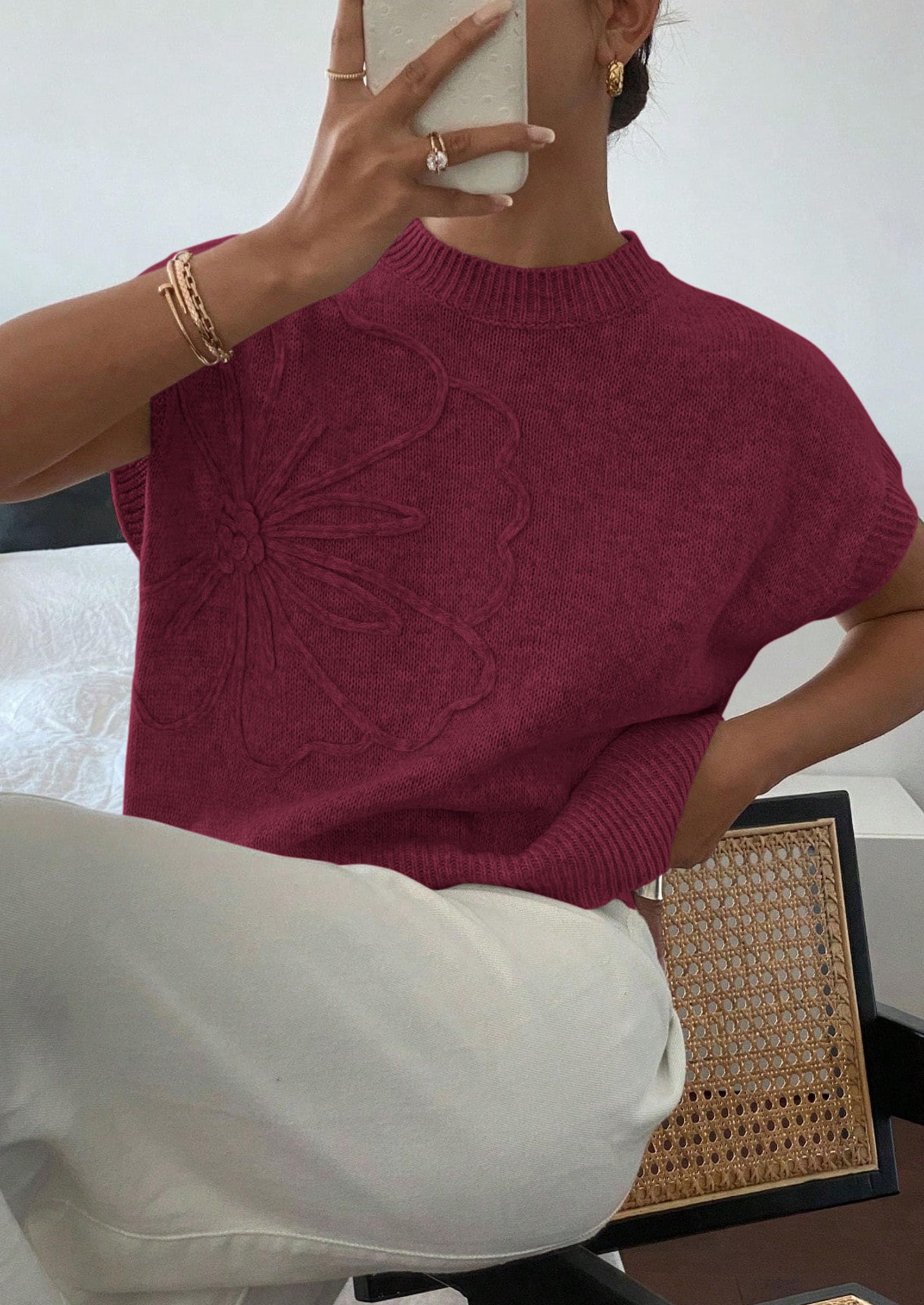Women's Summer Short Cap Sleeve Sweater Vest (Burgundy,S)