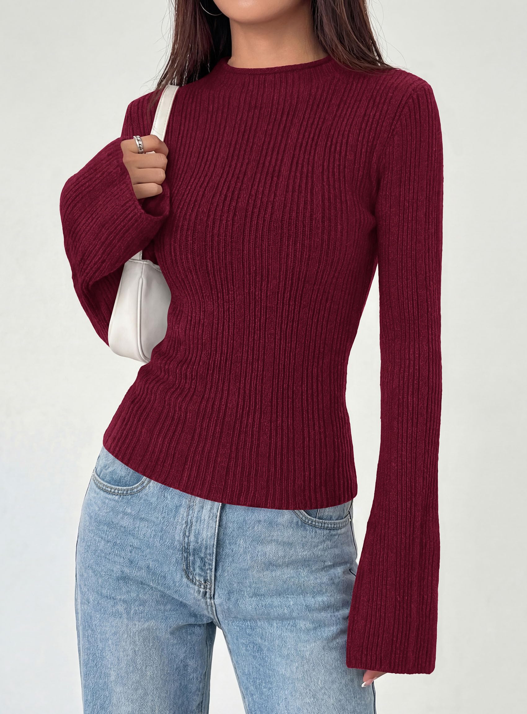 Womens Bell Long Sleeve Tops Mock Neck Sweaters,Burgundy,L