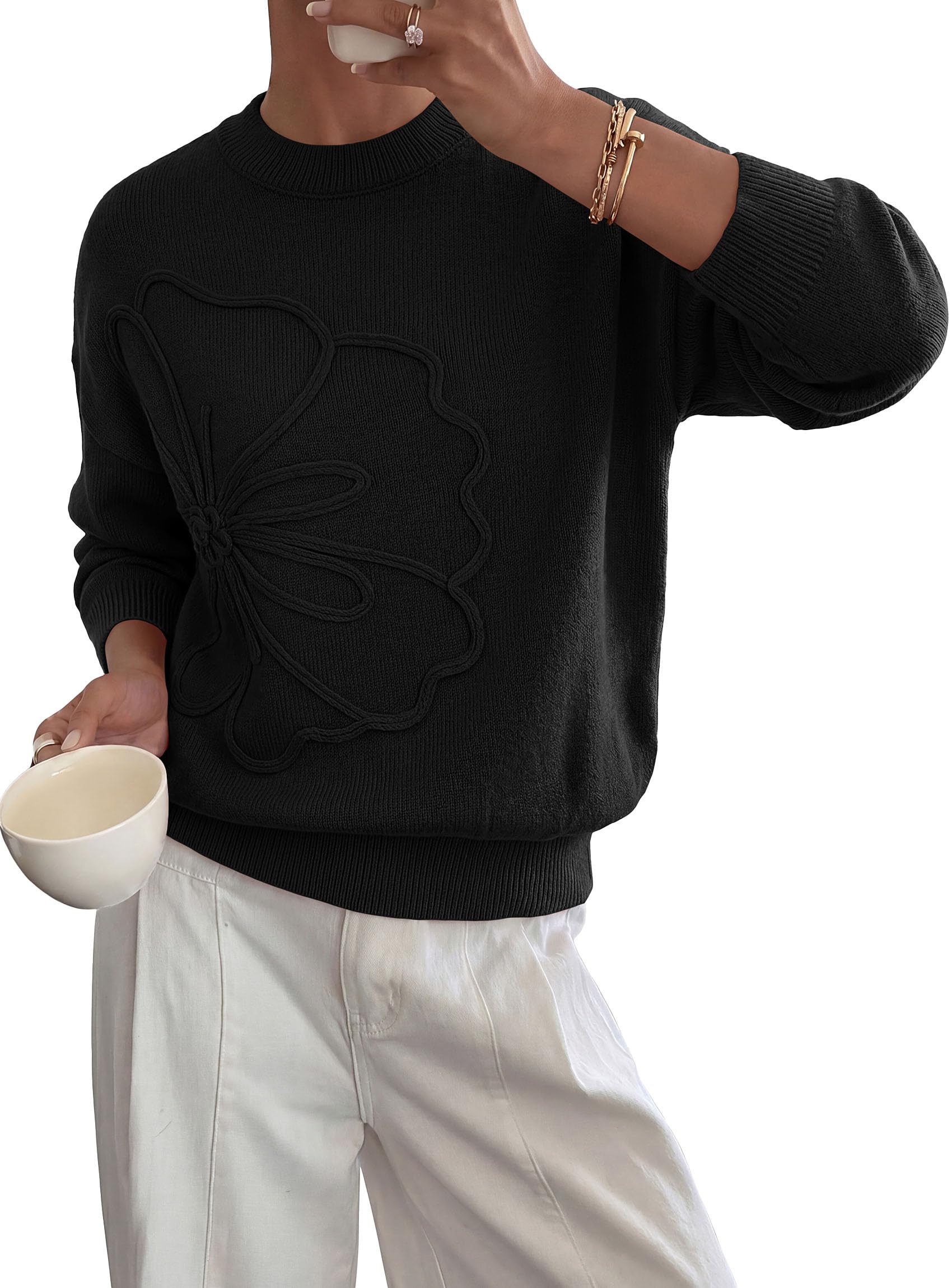 Womens Sweaters Floral Long Sleeve Knit Tops,Black,S