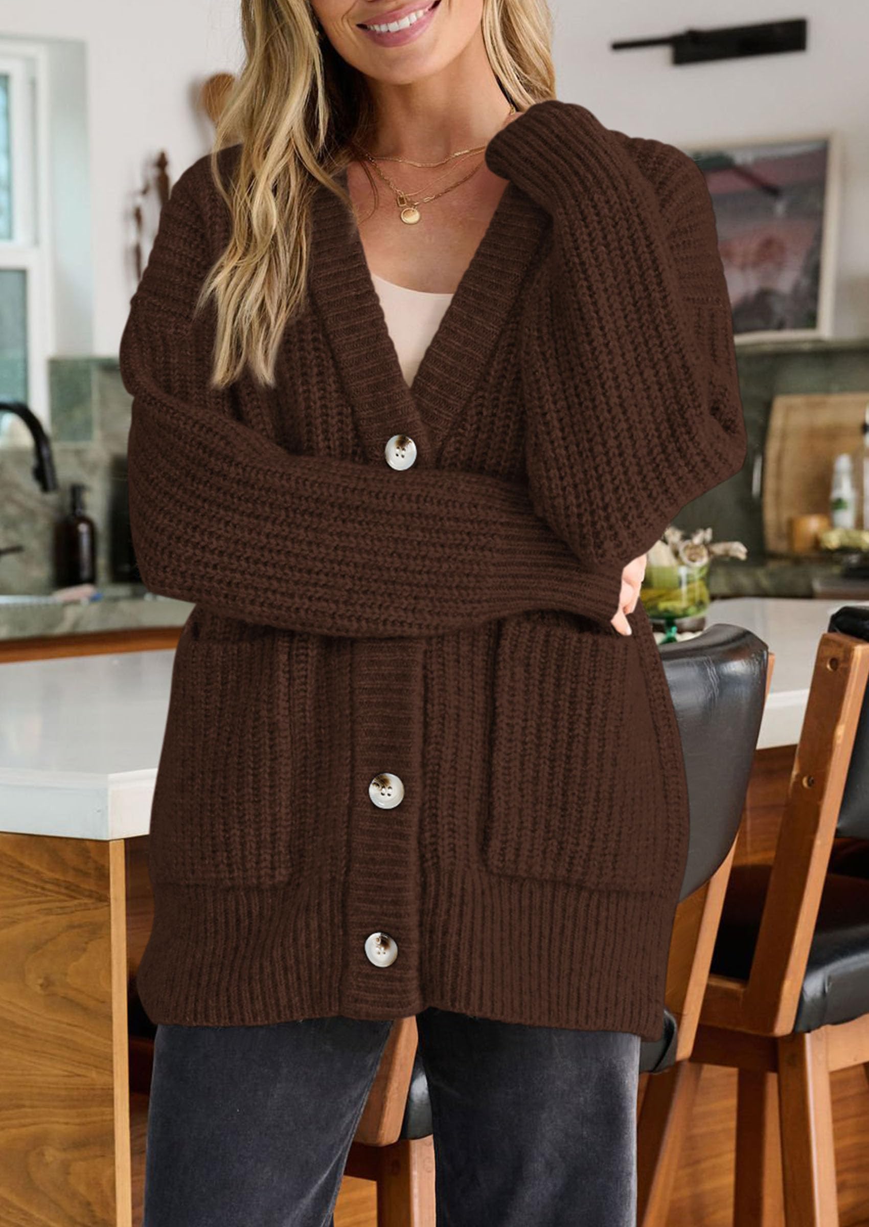 Oversized Cardigan Sweaters for Women Button Up,Brown,S
