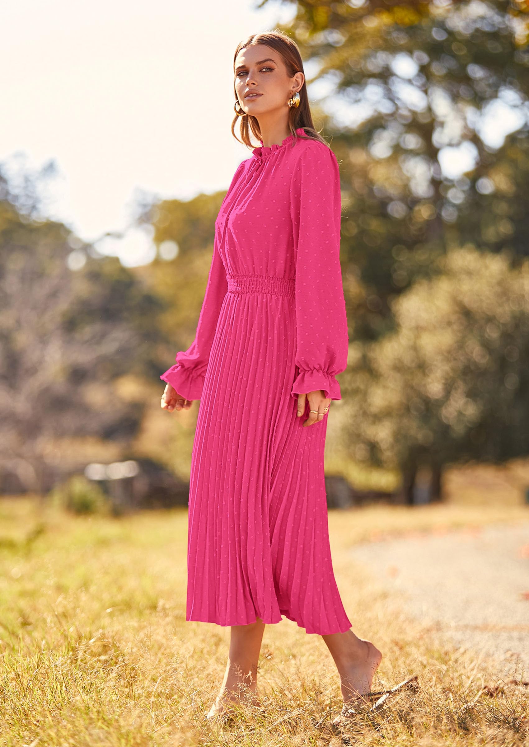 Women's Fall Midi Wedding Guest Dress(Rose Pink,XX-Large)