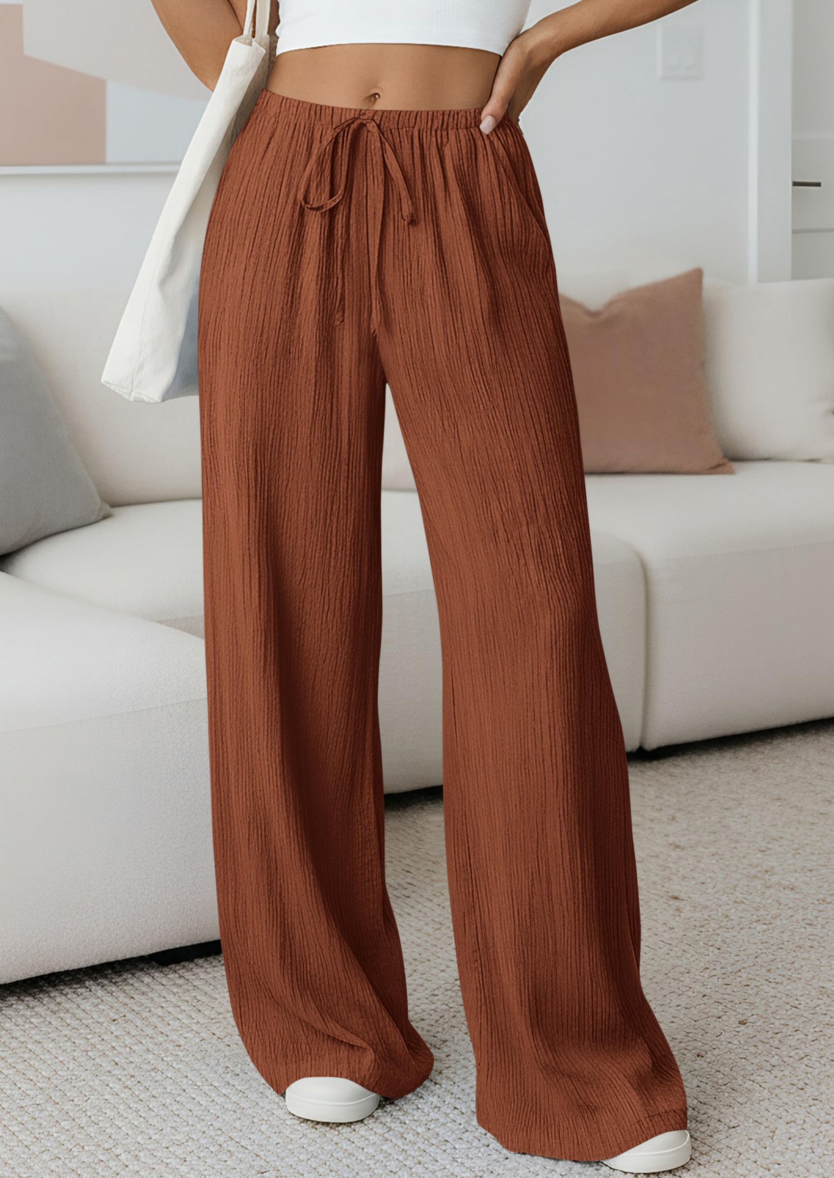 Women's Palazzo Pants Casual Wide Leg Trousers,Brick Red,S