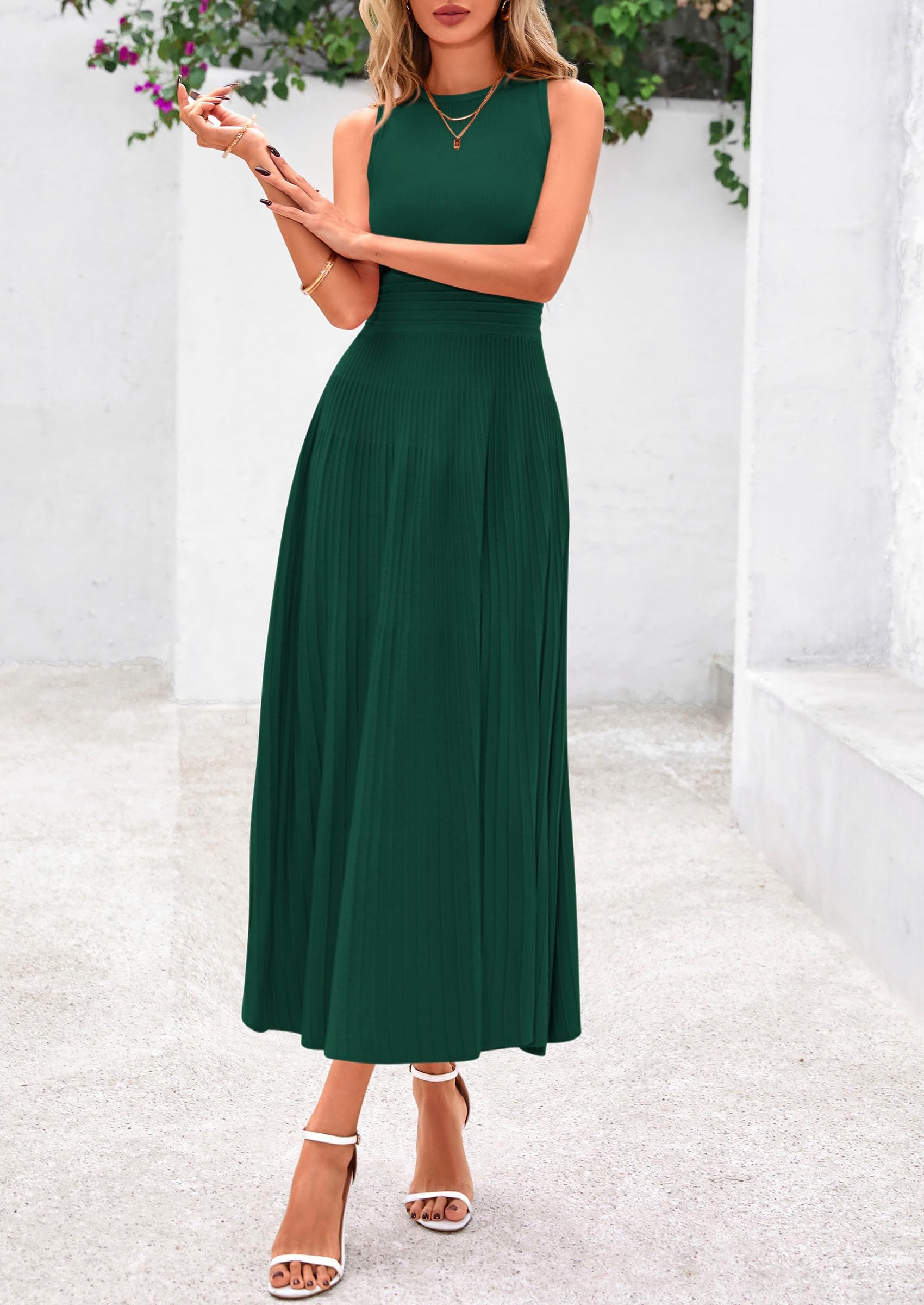 Women's Summer Pleated Midi Work Dress,Dark Green,S