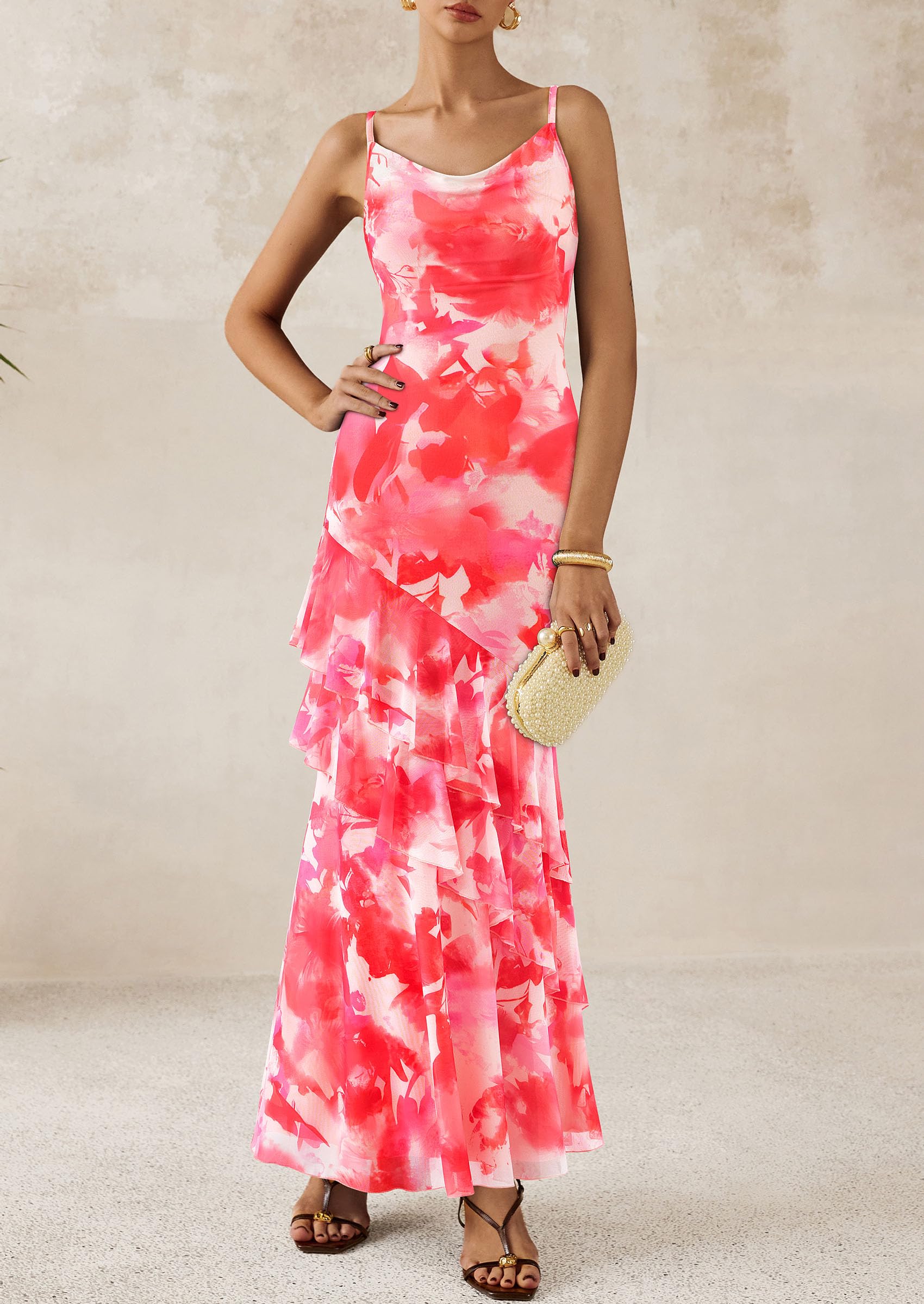 Women's Boho Floral Tiered Maxi Dress, Floral Pink Red,XS