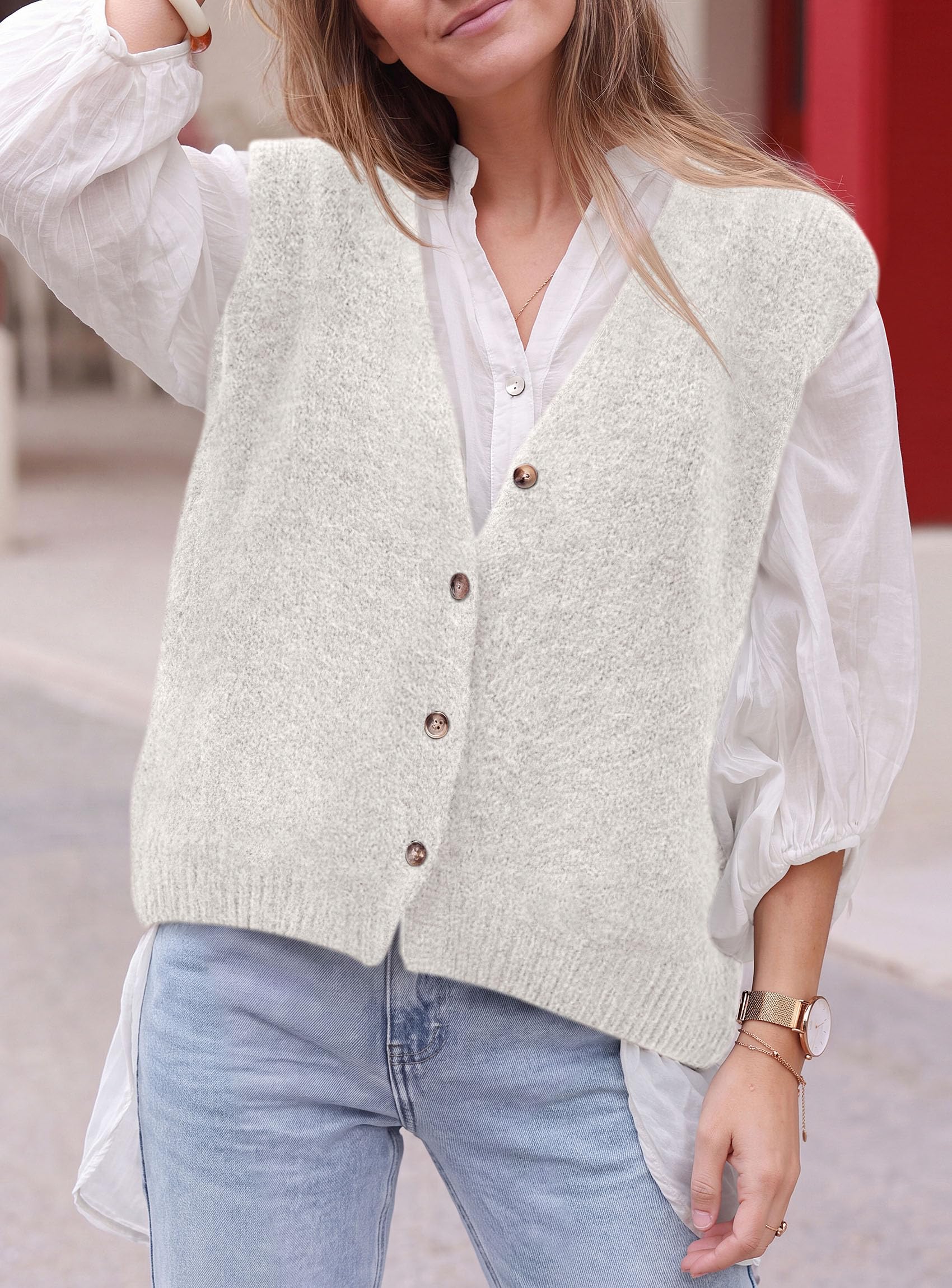 Womens Fall Sleeveless Button Down Sweater Vest,White,S
