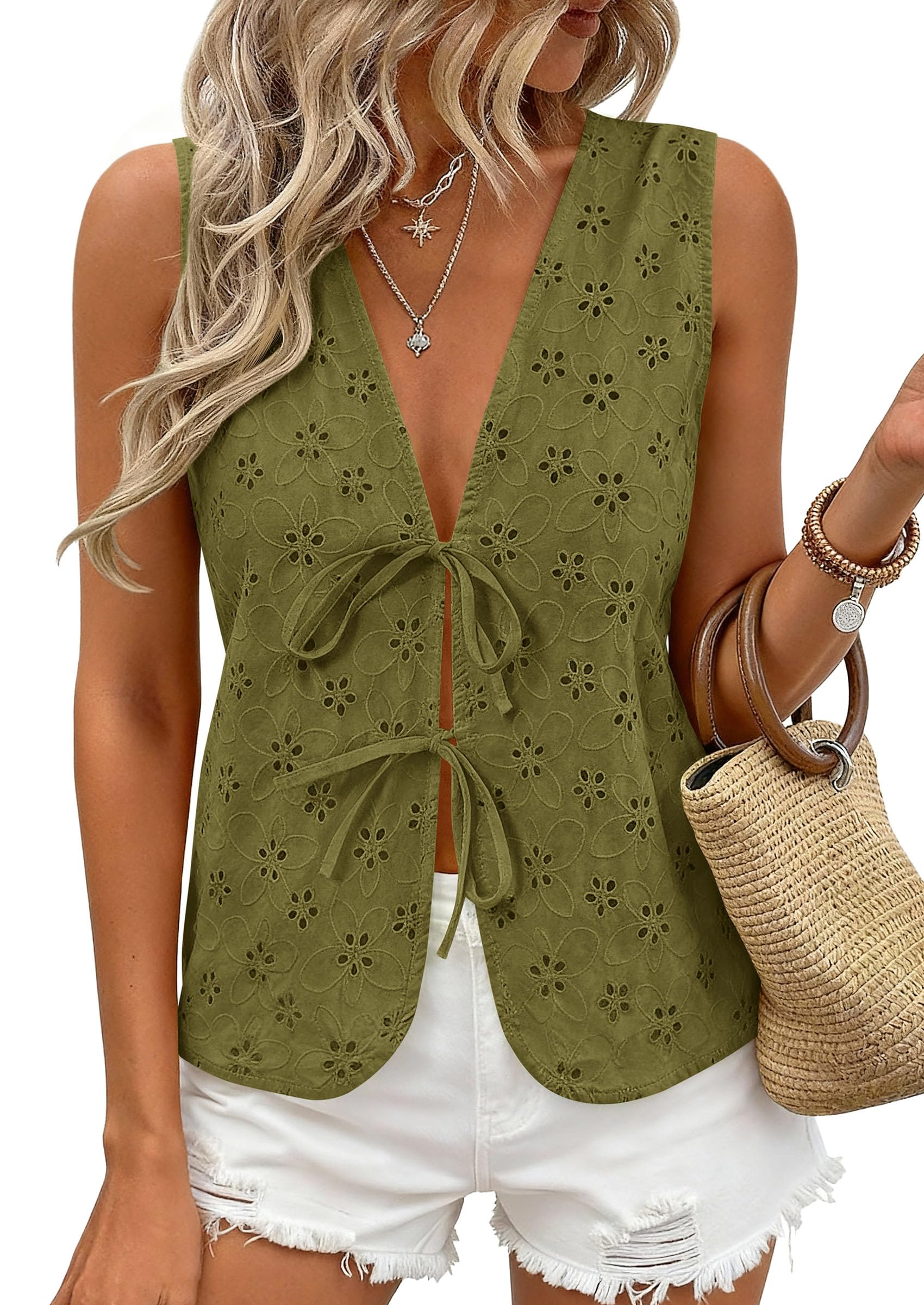 Women's Summer Eyelet Lace Tie Front Vest Tops (Army Green,S)