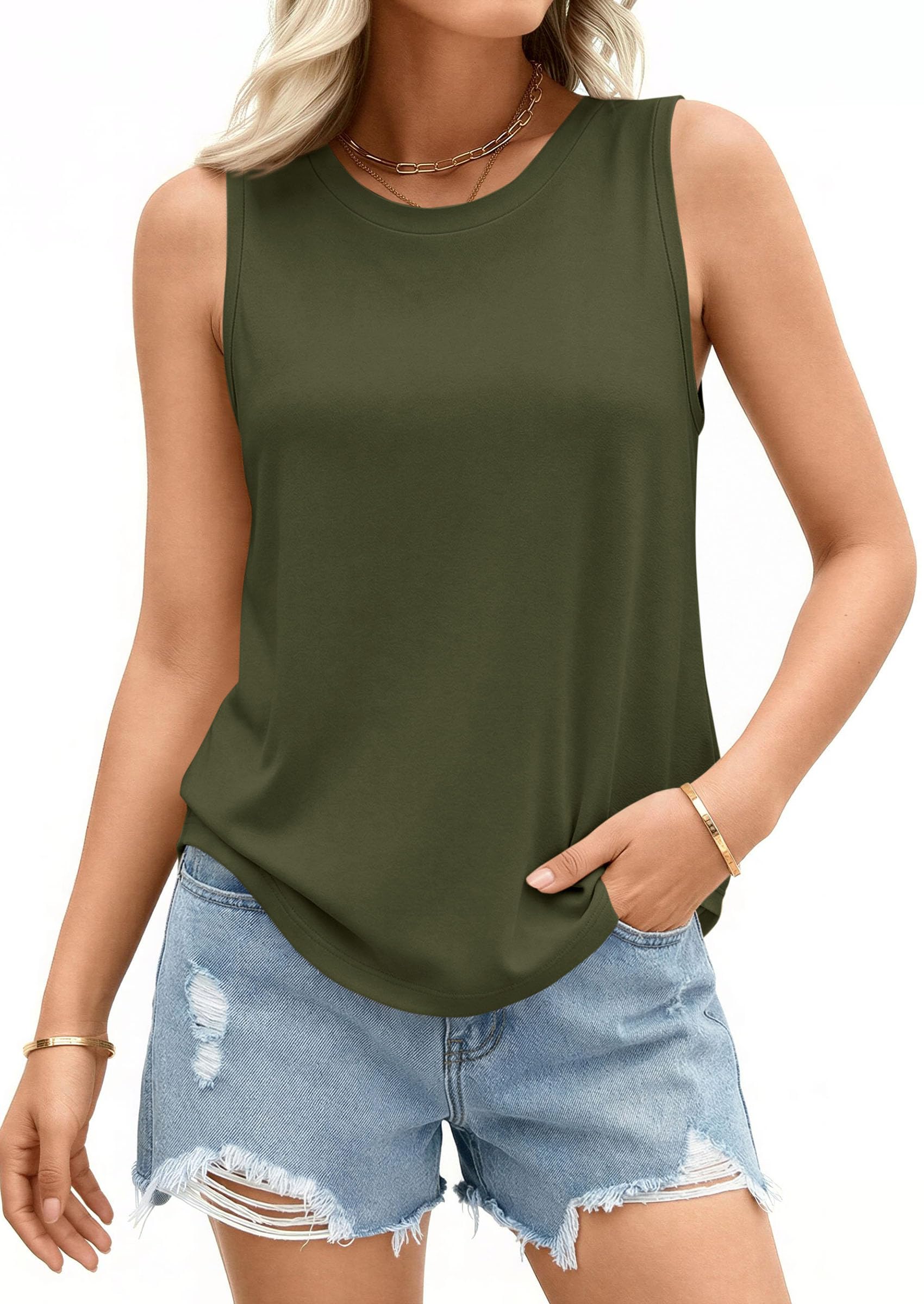 Women's Wide Strap Sleeveless Tank Tops,Army Green,S