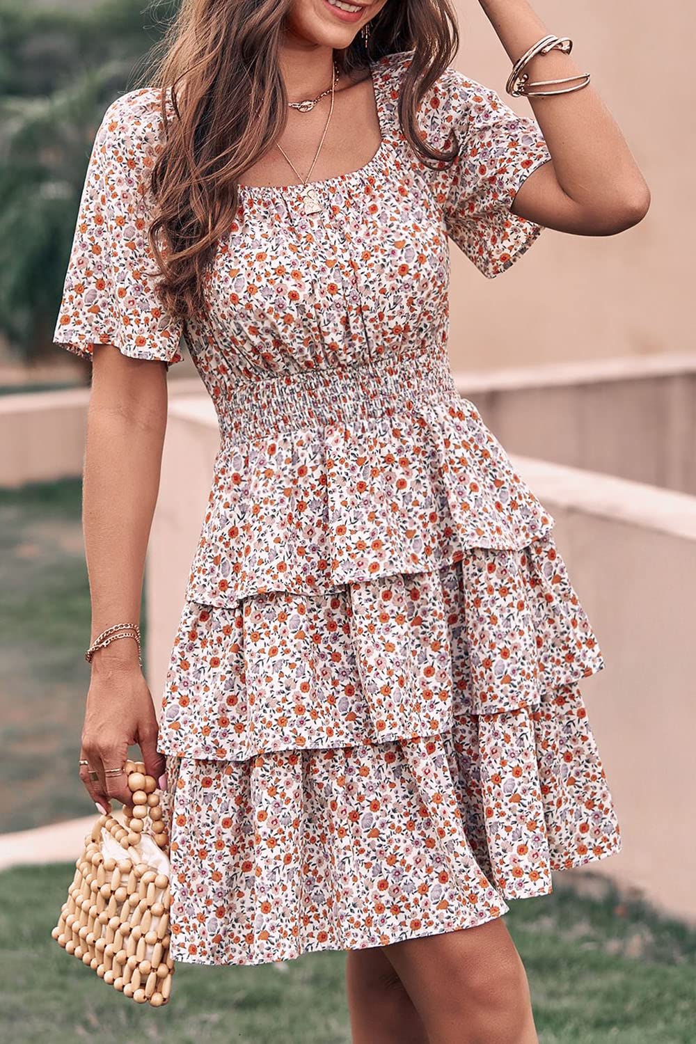 Women's 2025 Floral Summer Short Dress Square Neck Short Sleeve Tiered Ruffle Boho Swing Dresses (White,Small)
