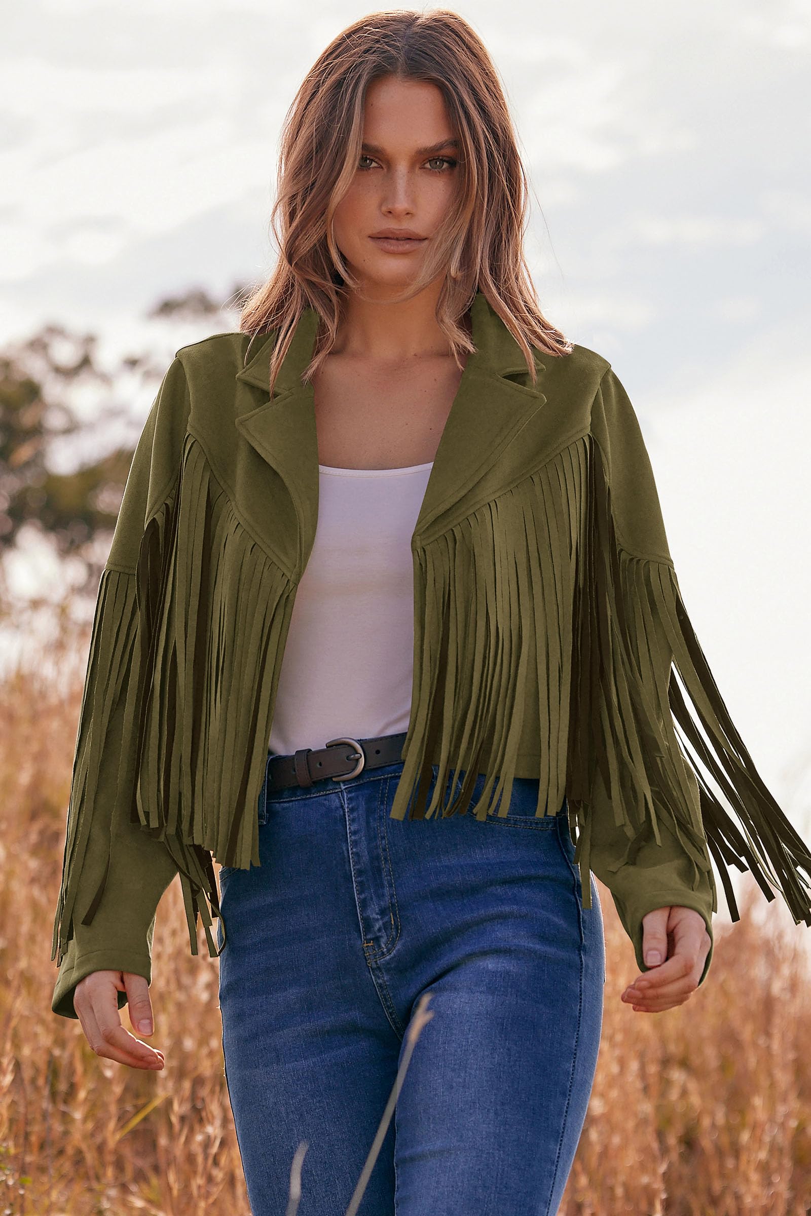 Women's Fringe Faux Suede Leather Jackets,Dark Army Green,S