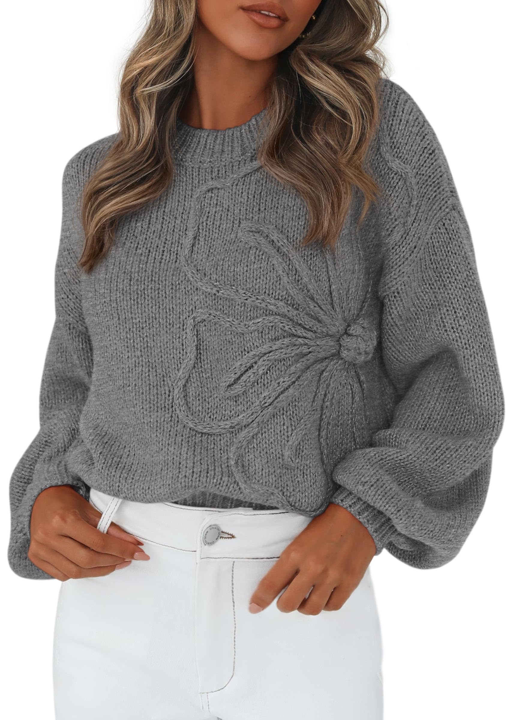 Women's Oversized 3D Floral Knit Sweater,Dark Grey,S