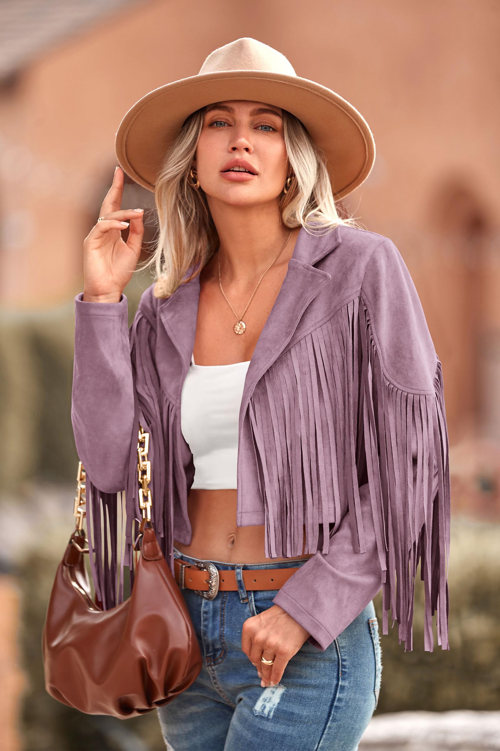 Women's Fringe Faux Suede Leather Jackets,Purple,S