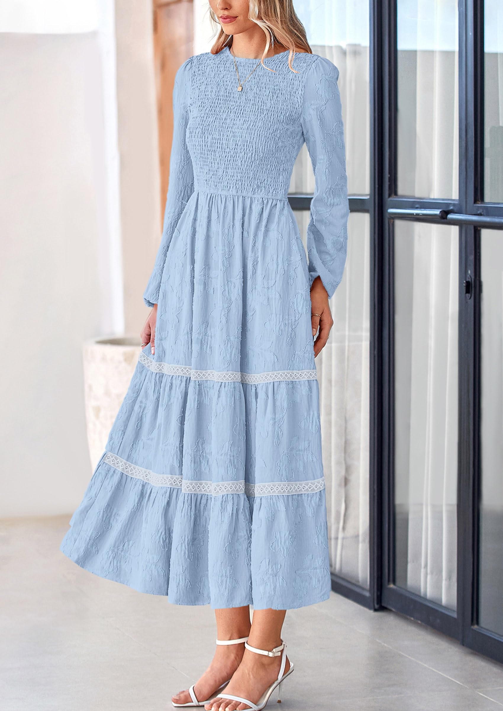 Women's Long Sleeve Boho Floral Midi Dress, Light Blue,M
