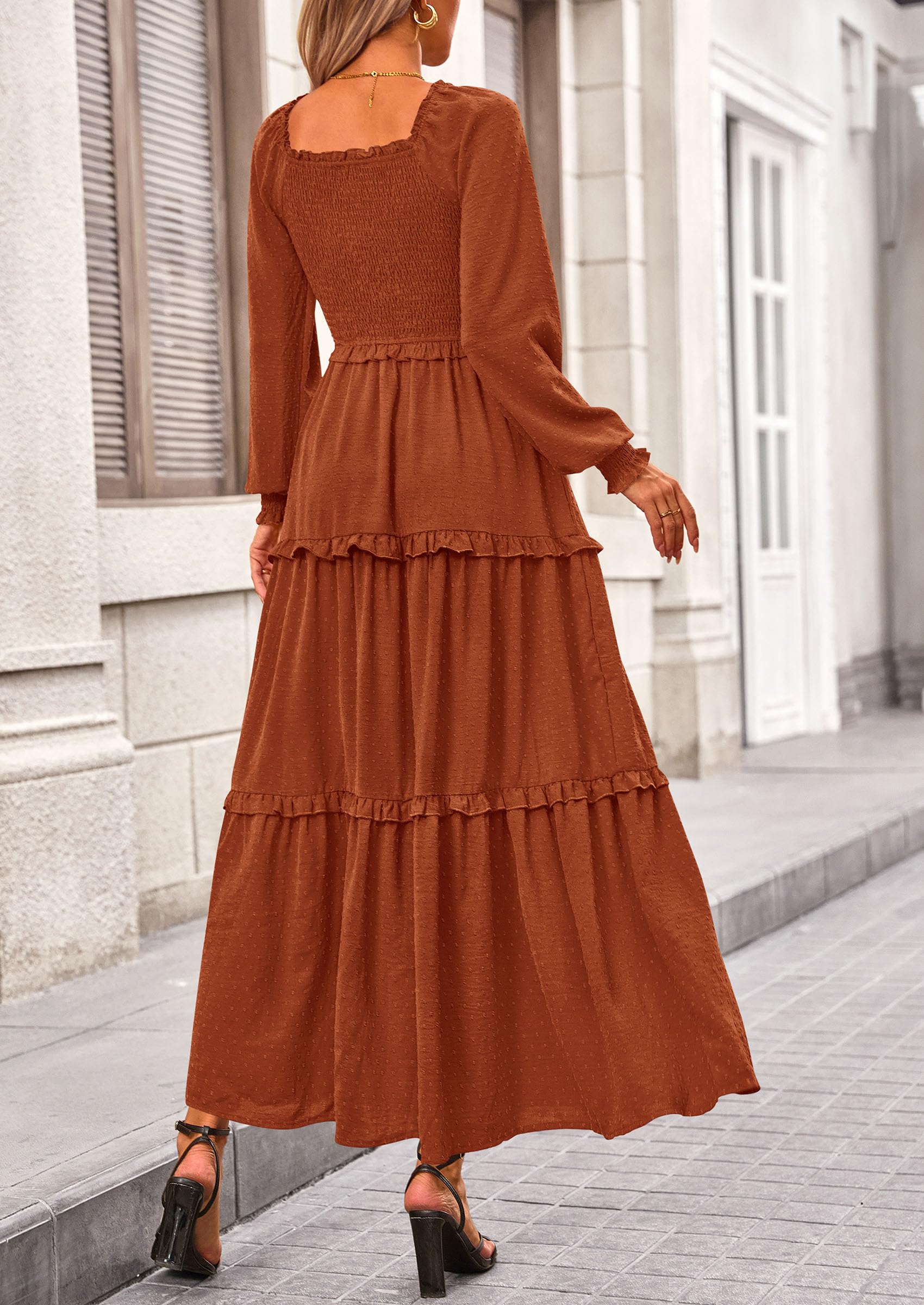Women's Smocked Long Sleeve Maxi Dress Wedding Guest Dresses