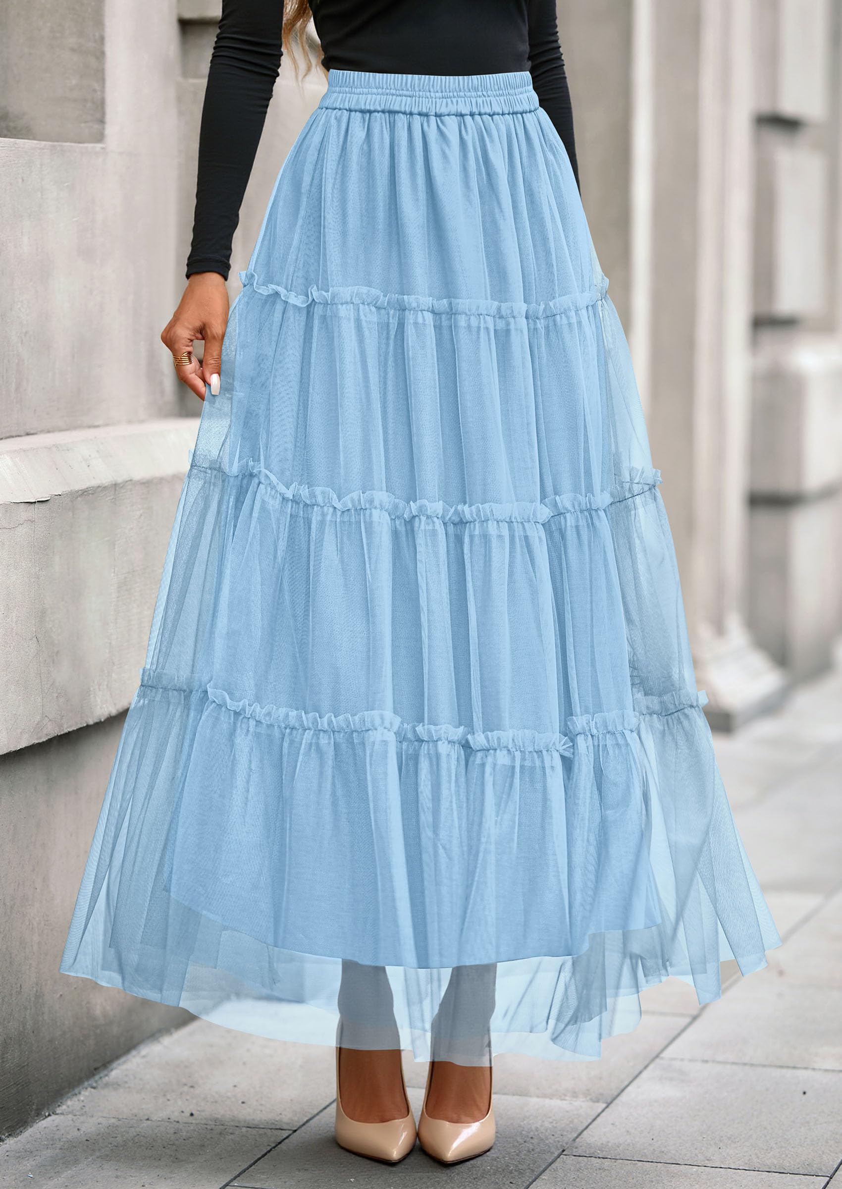 Women's Fall Soft Tulle Tiered Long Skirt,Light Blue,S