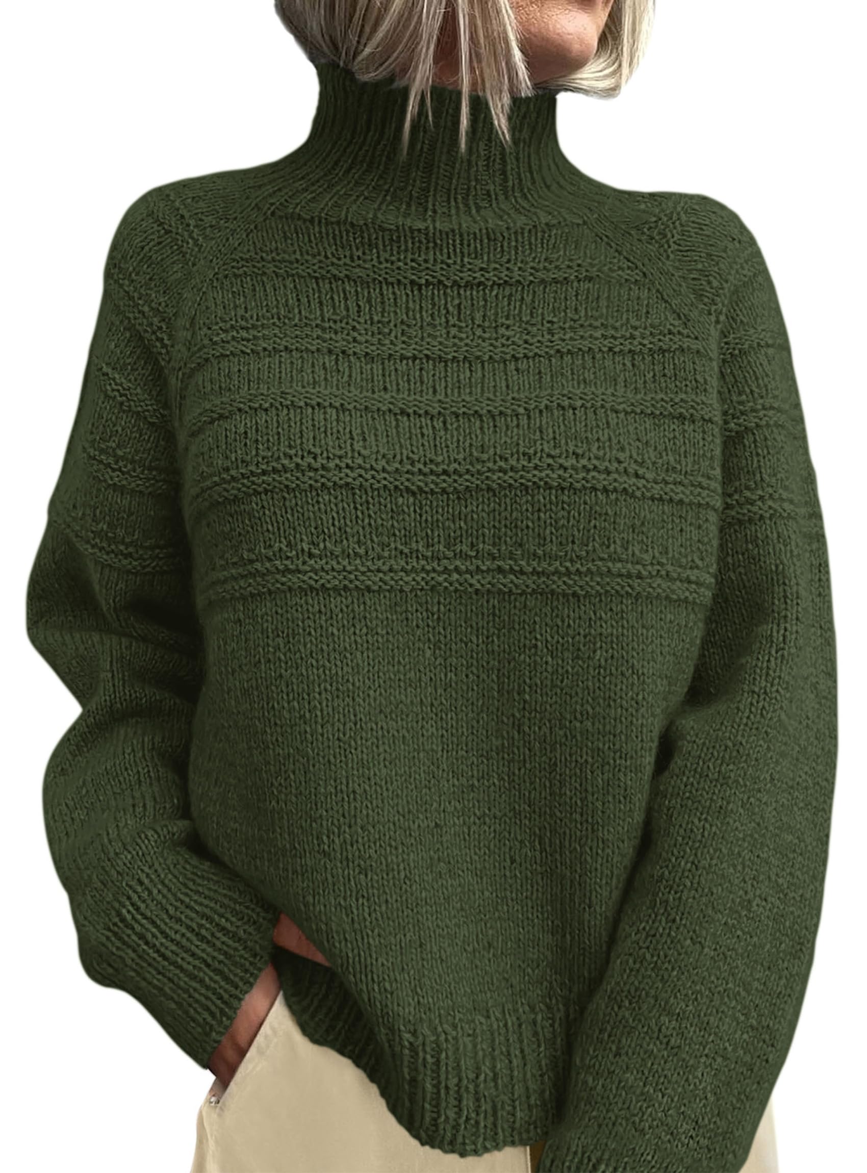 Women's Chunky Knit Mock Neck Pullover Sweaters,Army Green,S
