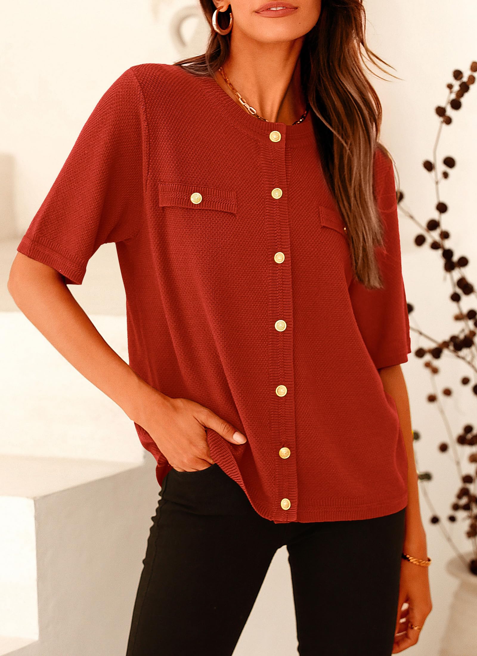 Women's Summer Casual Button Down Shirts Rust Red,Small