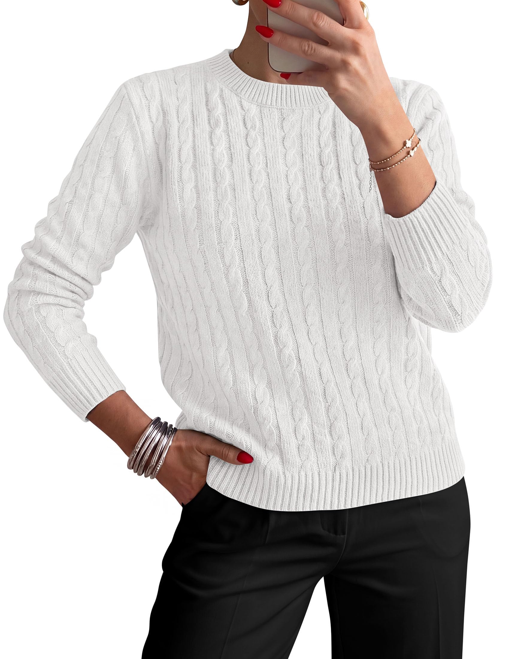 Womens Cable Knit Crewneck Fall Sweater Long Sleeve Tops 2026