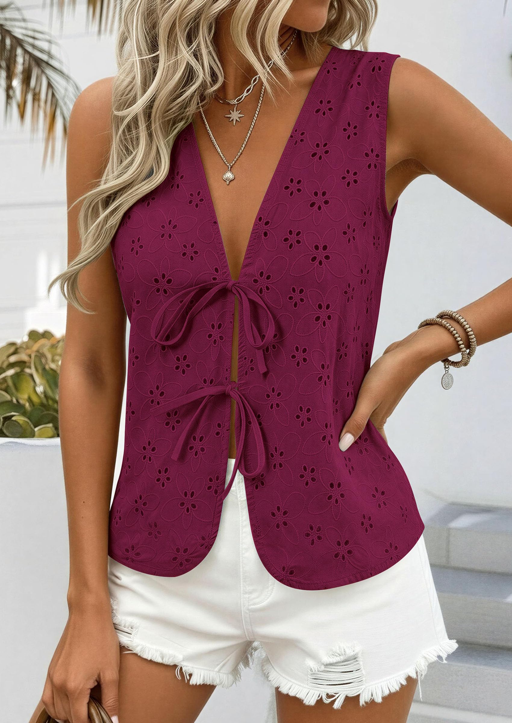 Women's Summer Eyelet Lace Tie Front Vest Tops (Burgundy,S)
