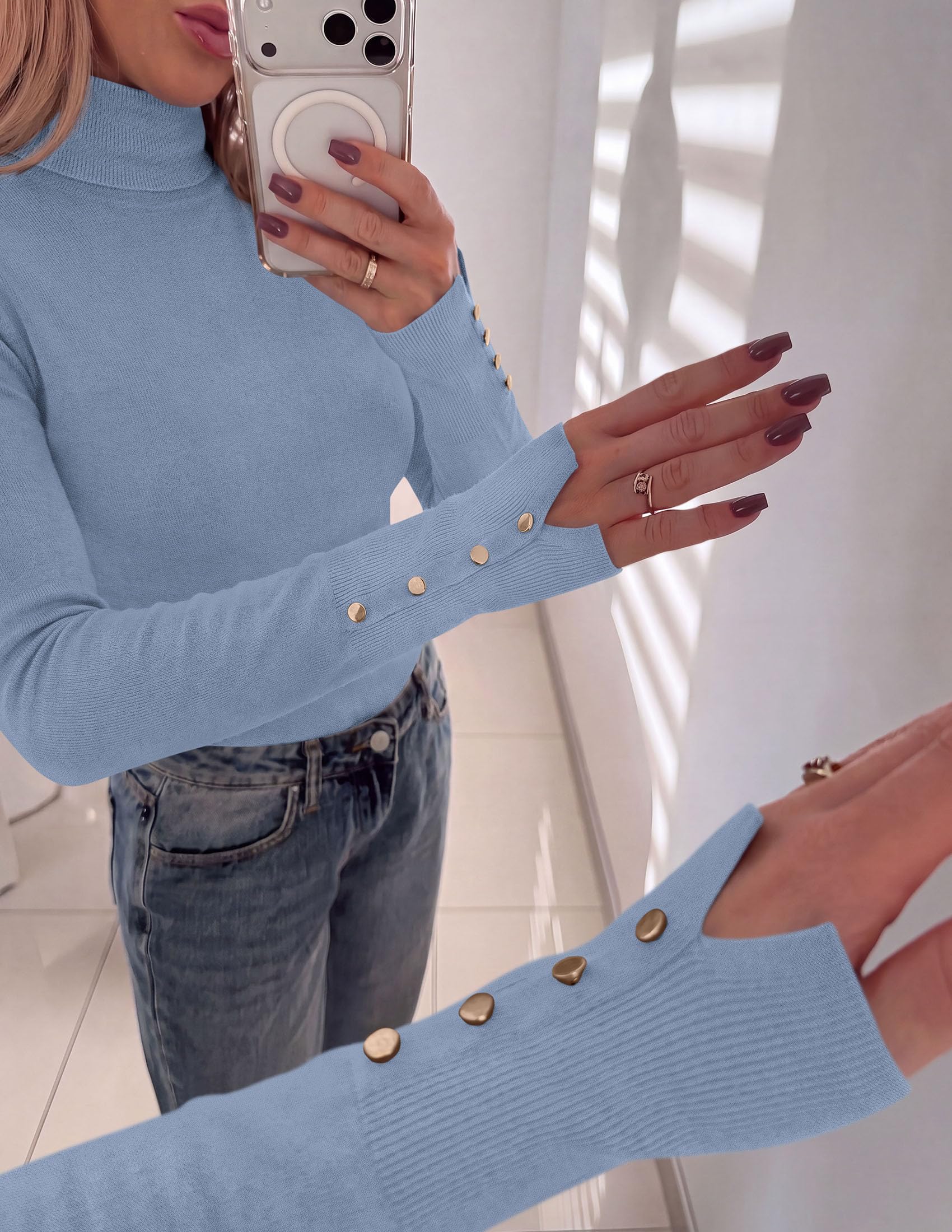 Women Turtleneck Sweaters Fall Long Sleeve Tops,Blue Grey,S