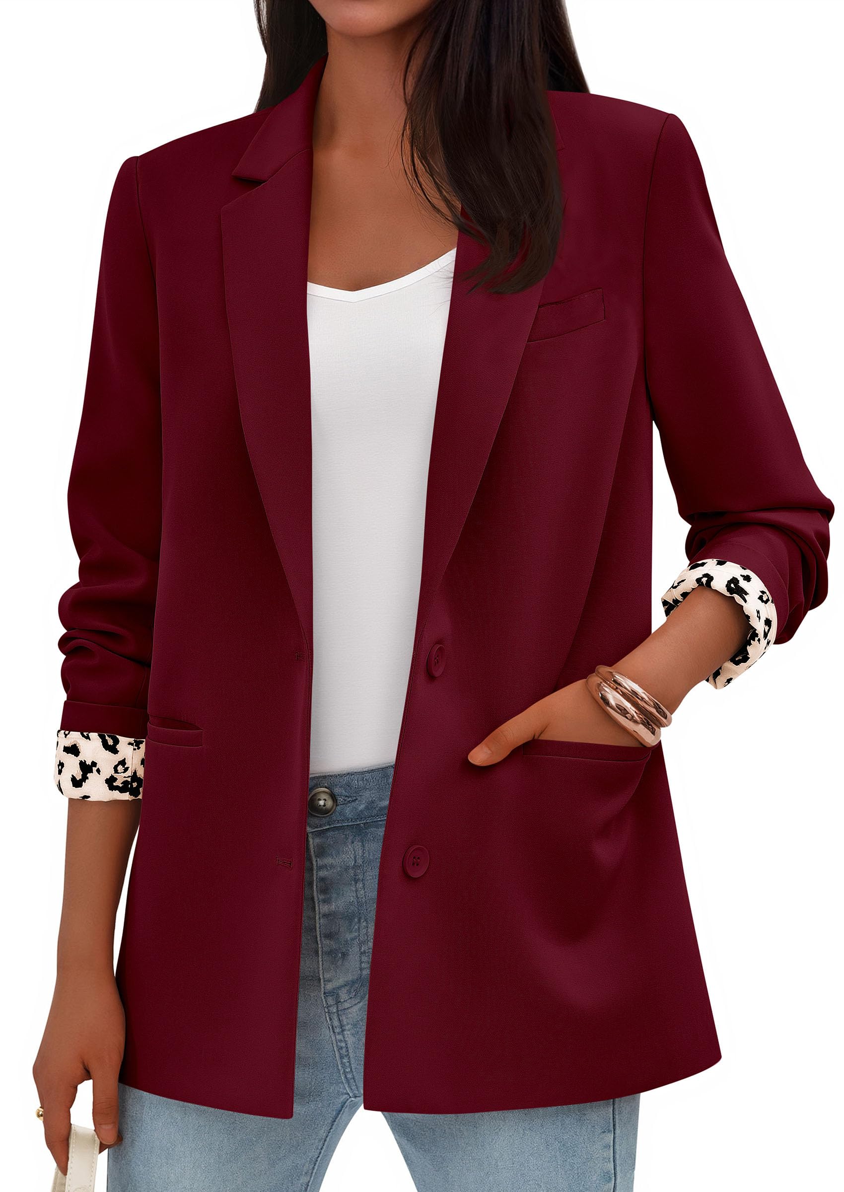 Womens Open Front Leopard Blazers Suit Jackets,Burgundy,S