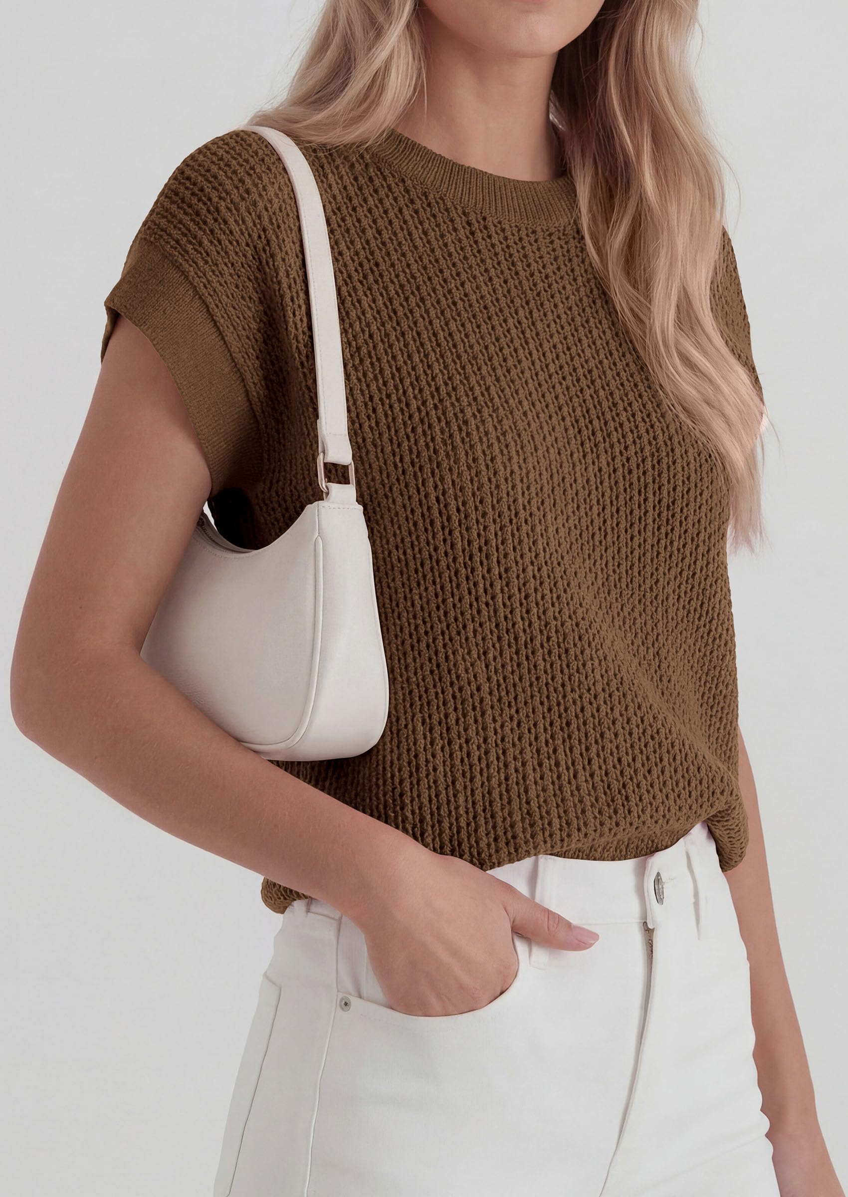 Women's Summer Sweater Vest Crochet Tops (Coffee,S)