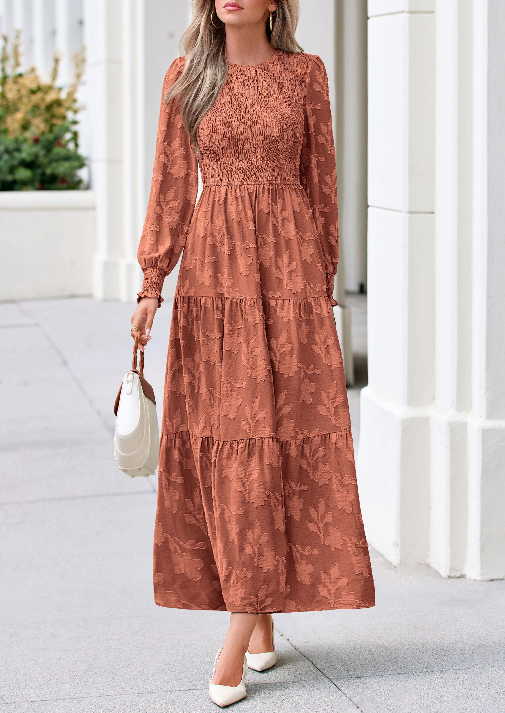 Fall Floral Long Sleeve Wedding Guest Dress for Women Pockets