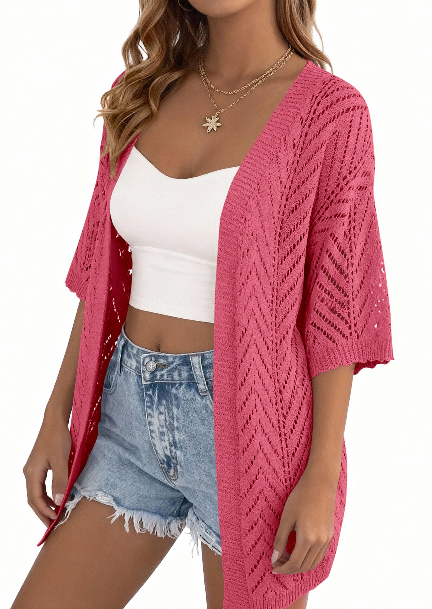 Women Lightweight Short Sleeve Cardigan, Watermelon Red,S