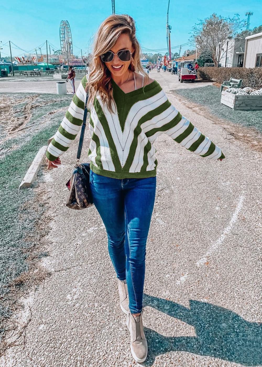 Women's V Neck Striped Knit Pullover Sweater