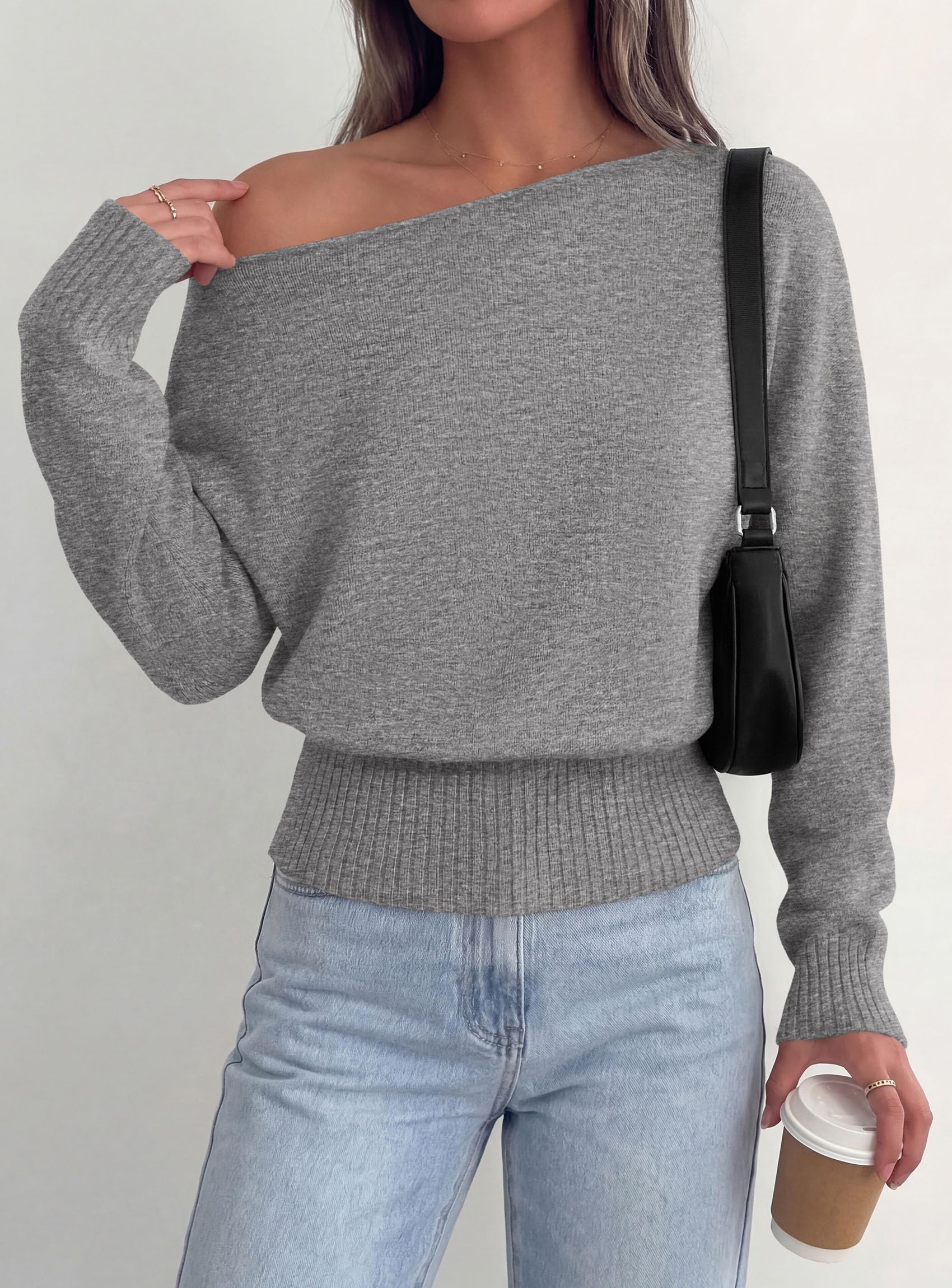 Womens Off The Shoulder Sweater Fall Fashion,Grey,S