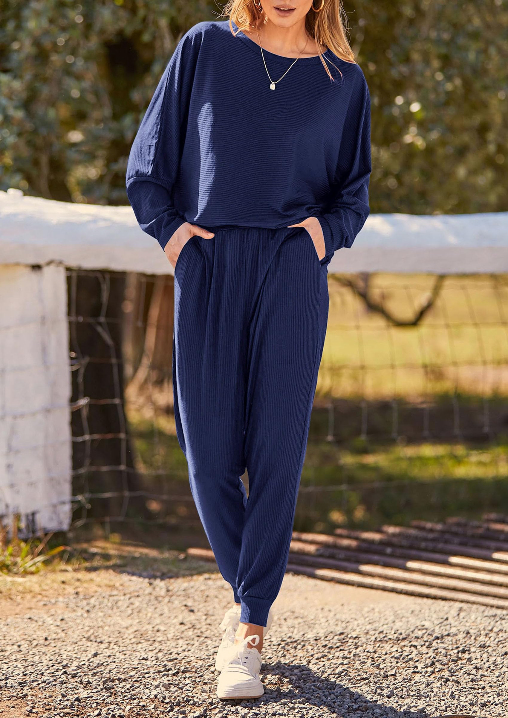 Women's 2 Piece Outfit Matching Lounge Set, Dark Blue,S